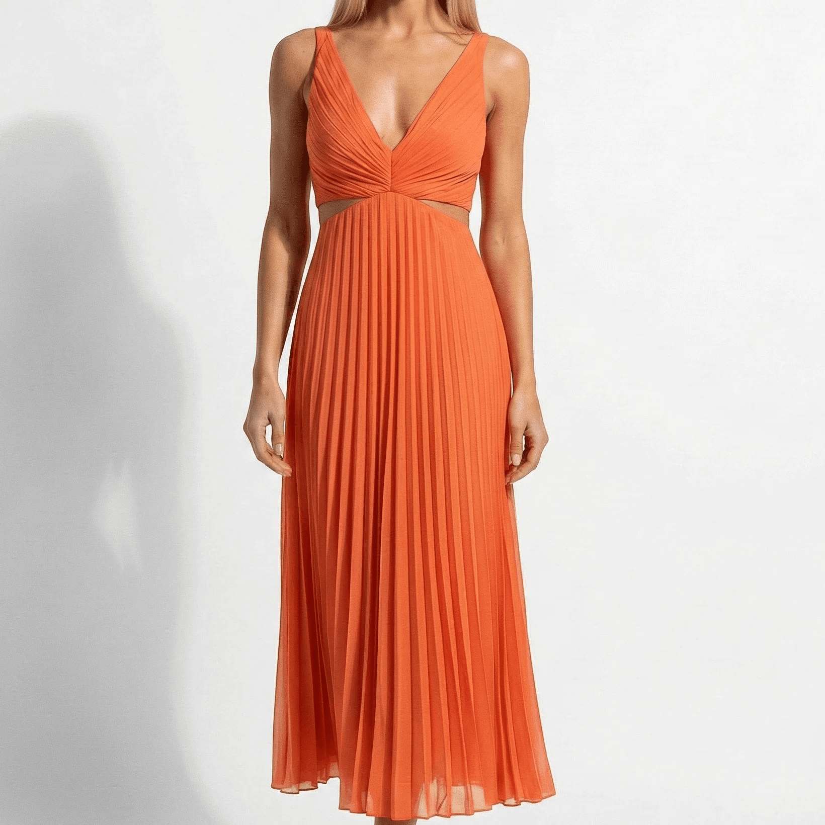 Caroline - Women's Pleated V - Neck Skirt Dress - Dress - Orange - Jones & Smith