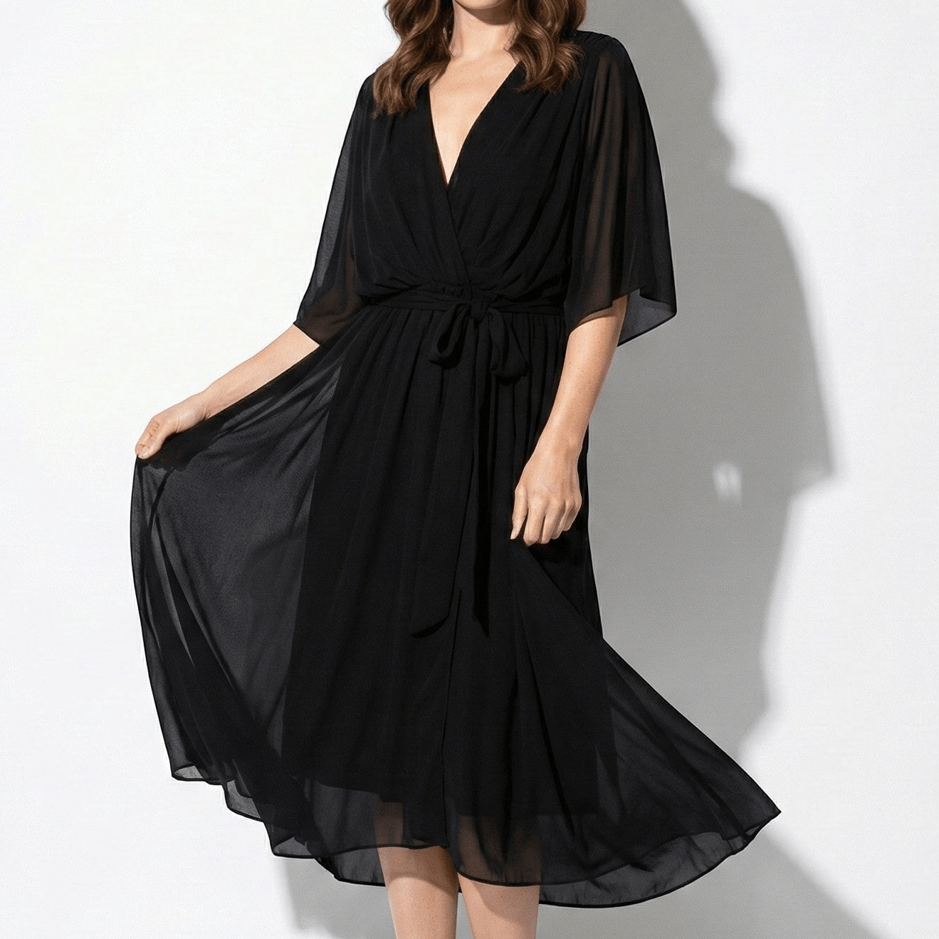 Charlotte - Women's V - Neck Midi Dress with Tie Waist and Flowy Sleeves - Dresses - Black - Jones & Smith