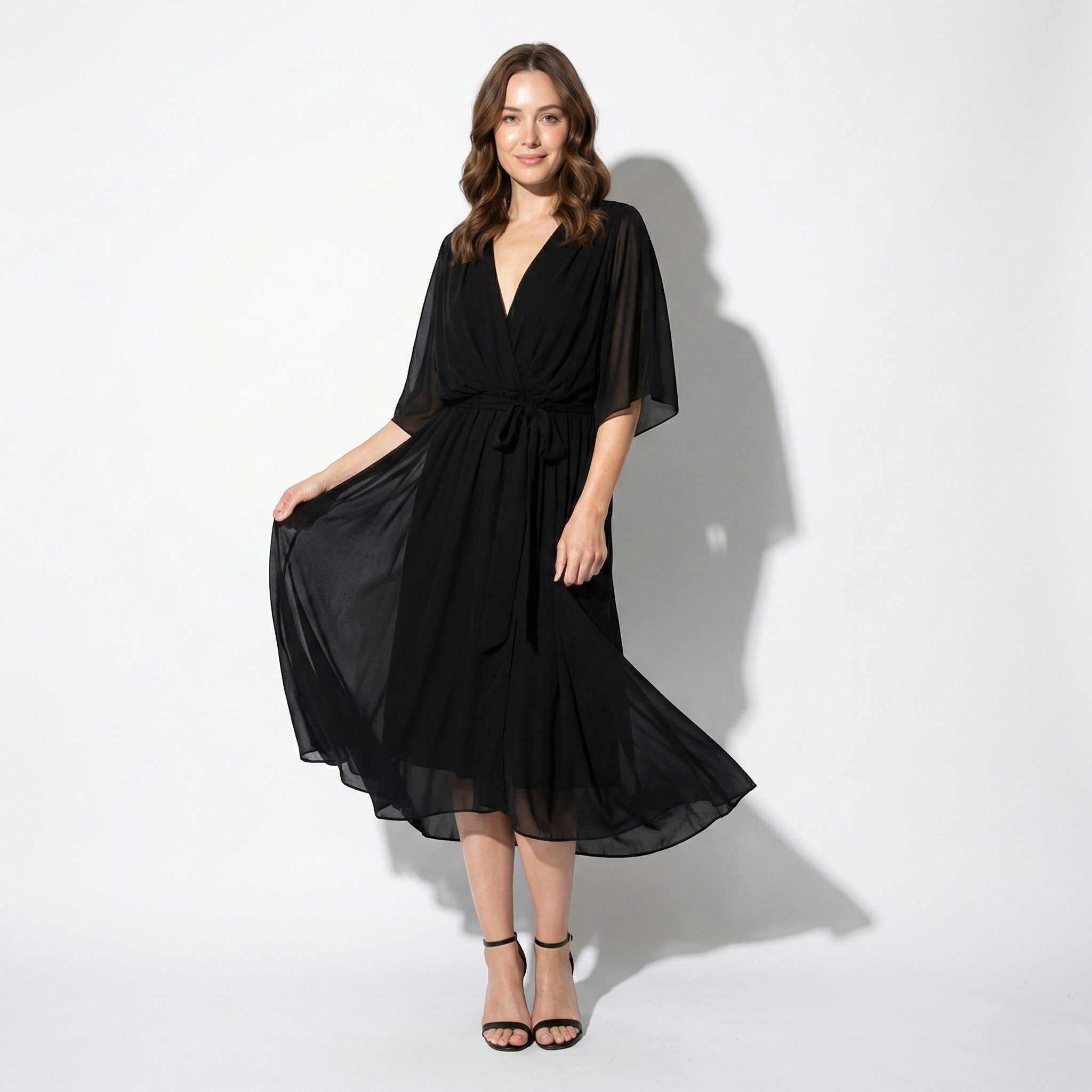 Charlotte - Women's V - Neck Midi Dress with Tie Waist and Flowy Sleeves - Dresses - Black - Jones & Smith