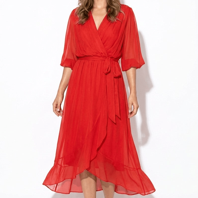 Charlotte - Women's V - Neck Midi Dress with Tie Waist and Flowy Sleeves - Dresses - Red - Jones & Smith
