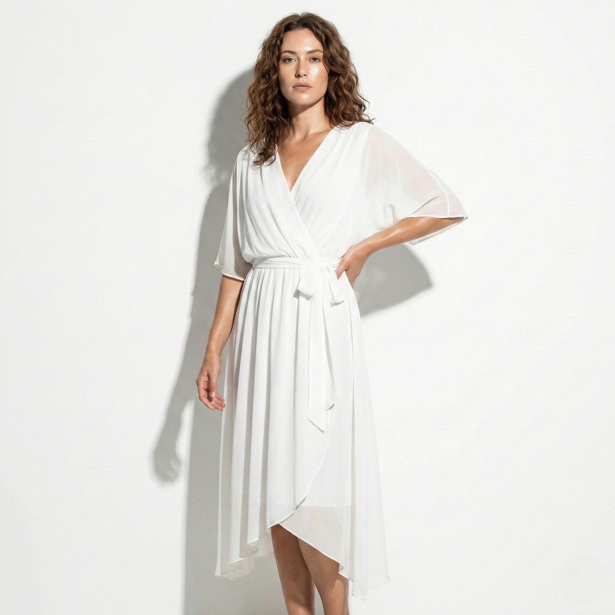 Charlotte - Women's V - Neck Midi Dress with Tie Waist and Flowy Sleeves - Dresses - White - Jones & Smith