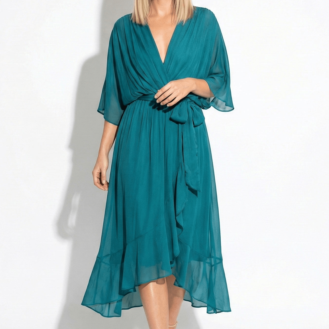 Charlotte - Women's V - Neck Midi Dress with Tie Waist and Flowy Sleeves - Dresses - Teal - Jones & Smith