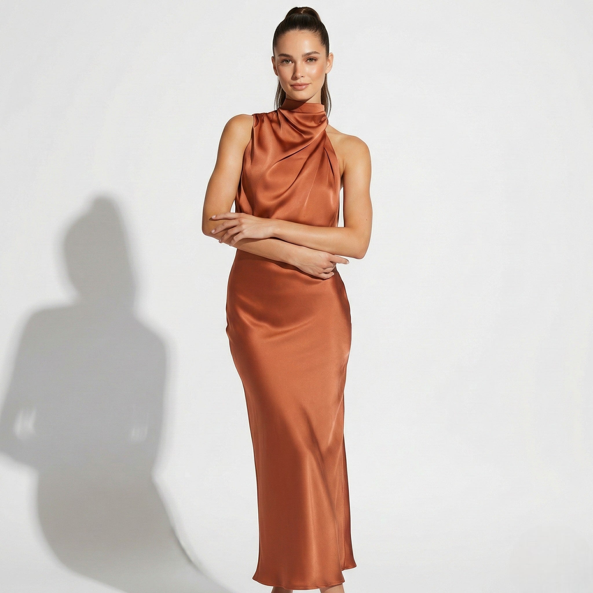 Chloe - Women's High Neck Satin Drape Top and Maxi Skirt Set - Sets - Rust - Jones & Smith