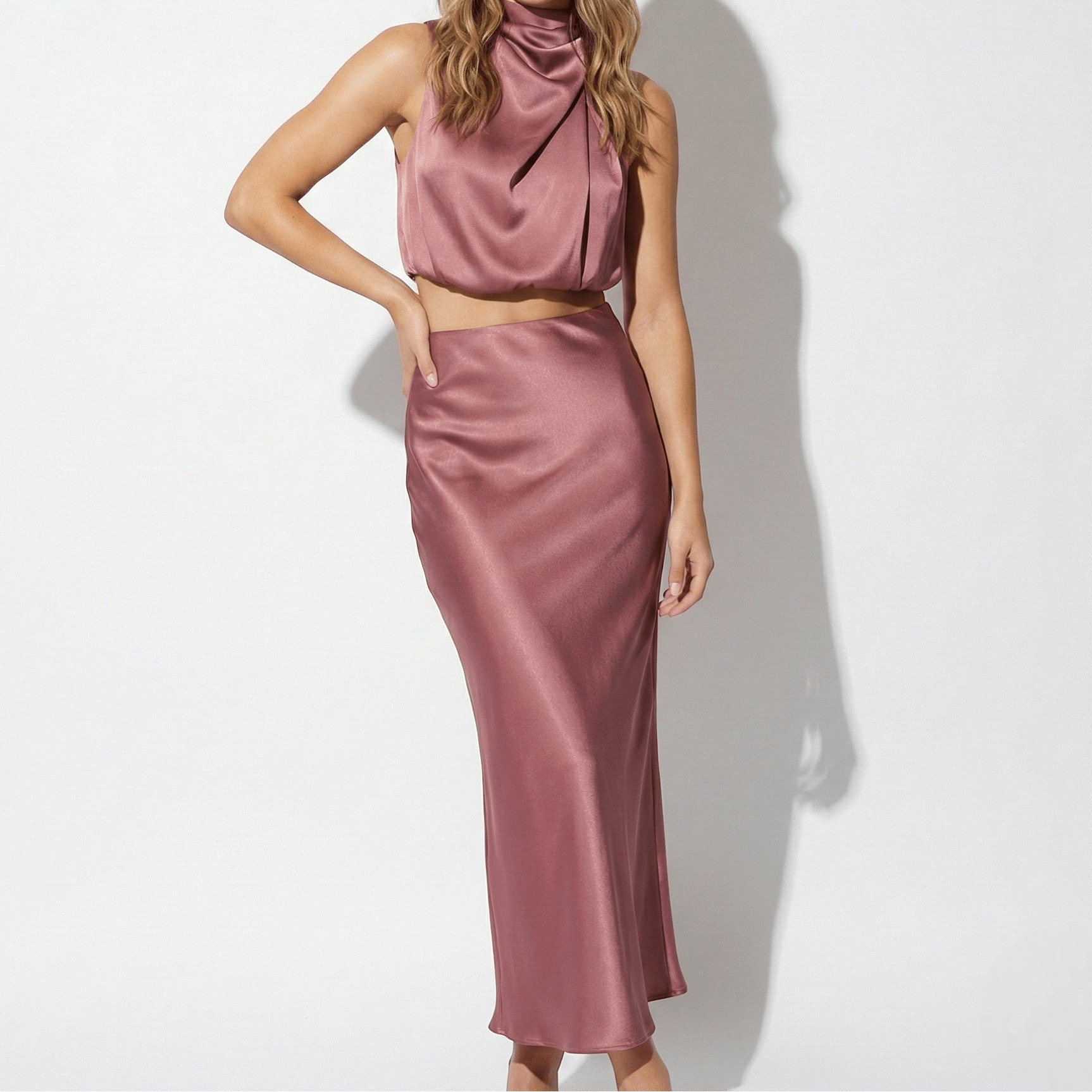 Chloe - Women's High Neck Satin Drape Top and Maxi Skirt Set - Sets - Pink - Jones & Smith
