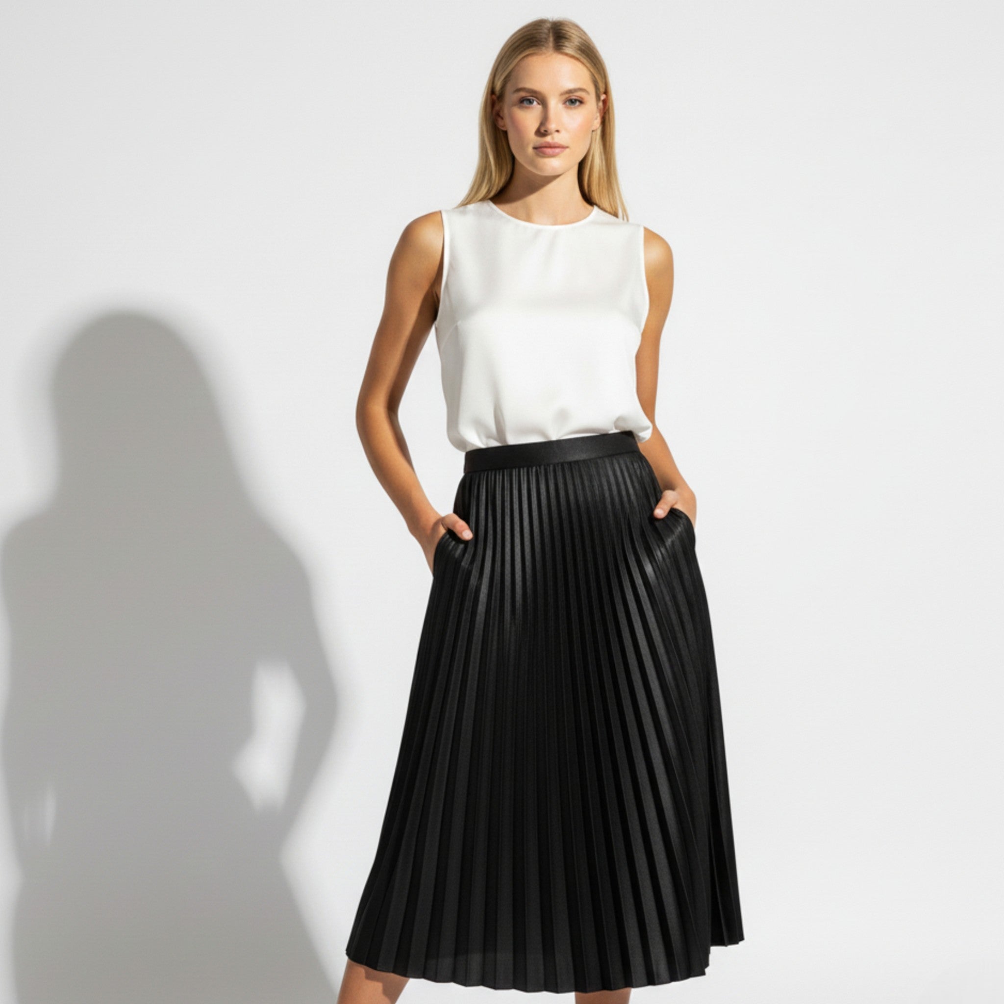 Chloe - Women's Pleated Satin Skirt - Skirts - Black - Jones & Smith