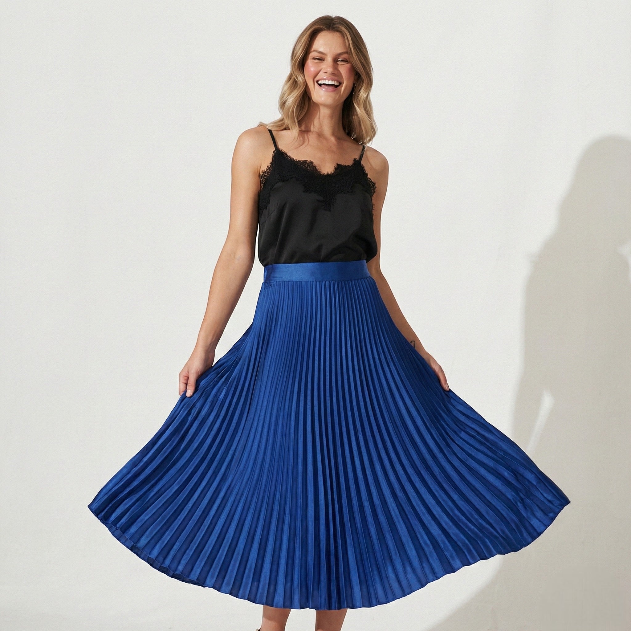 Chloe - Women's Pleated Satin Skirt - Skirts - Blue - Jones & Smith
