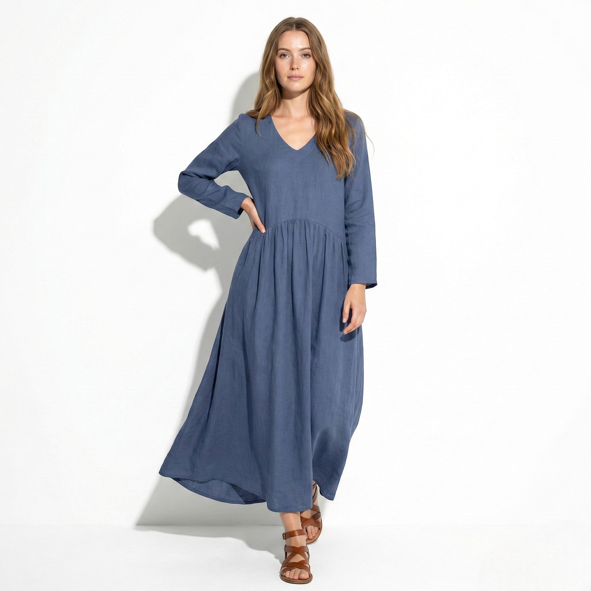 Clara - Women's Loose V - Neck Maxi Dress with Long Sleeves - Dresses - Blue - Jones & Smith
