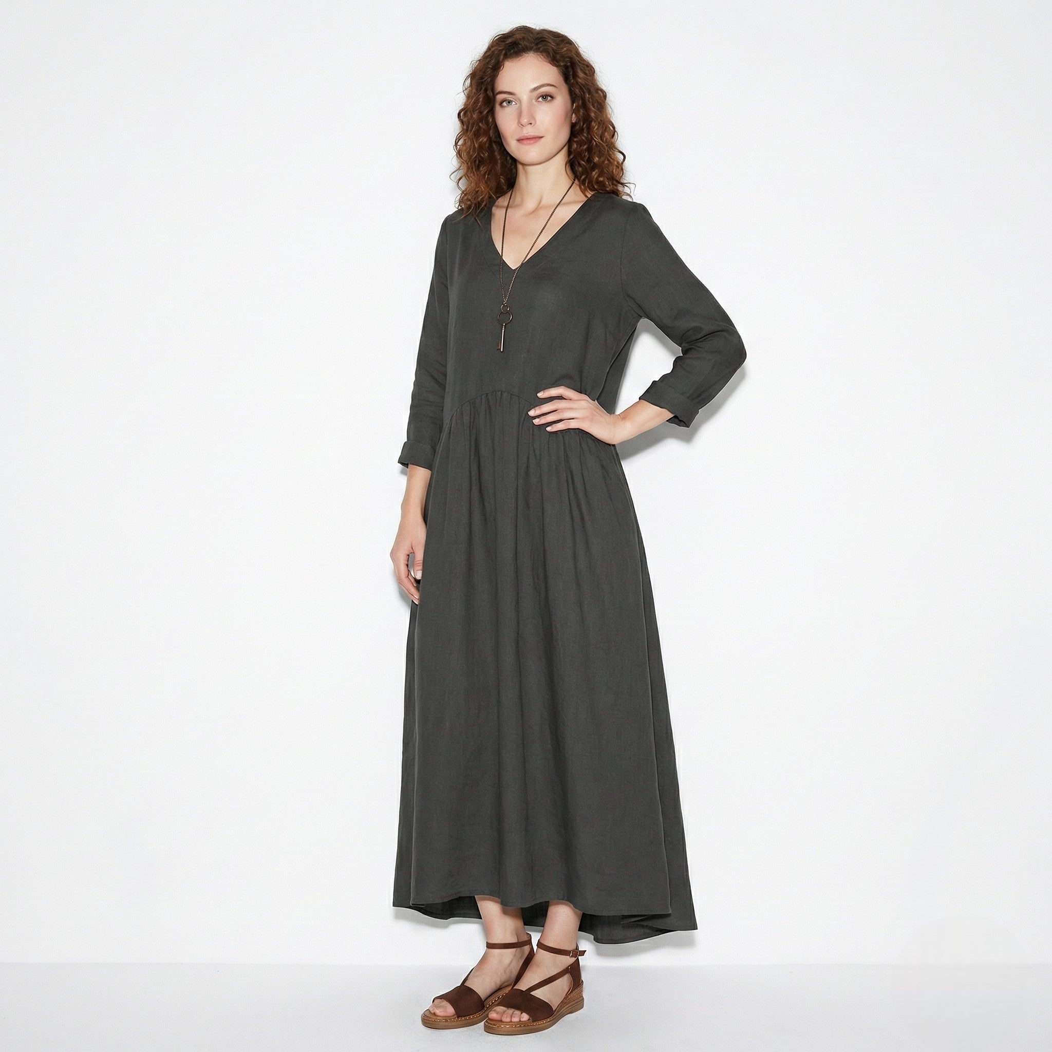 Clara - Women's Loose V - Neck Maxi Dress with Long Sleeves - Dresses - Black - Jones & Smith