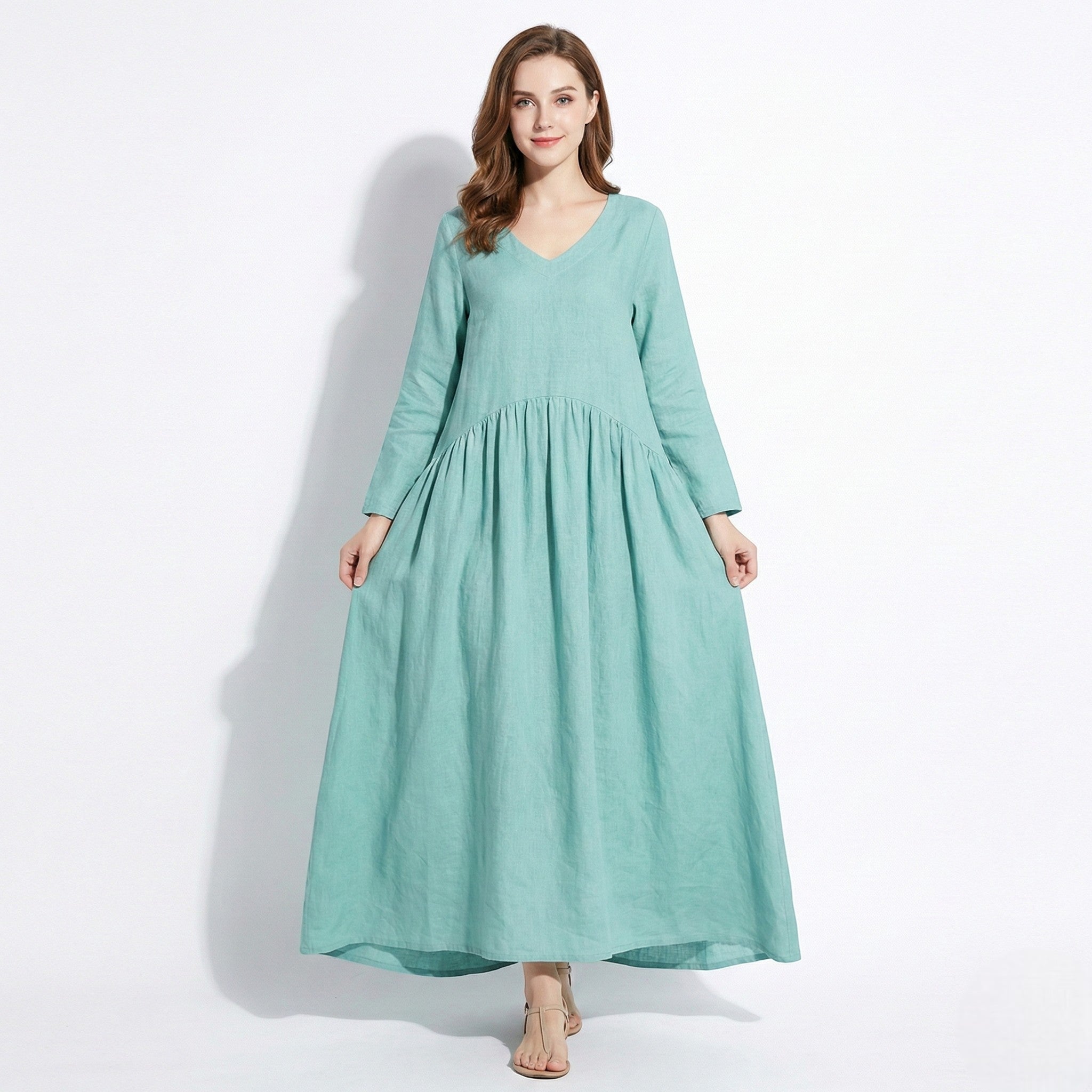 Clara - Women's Loose V - Neck Maxi Dress with Long Sleeves - Dresses - Sky Blue - Jones & Smith