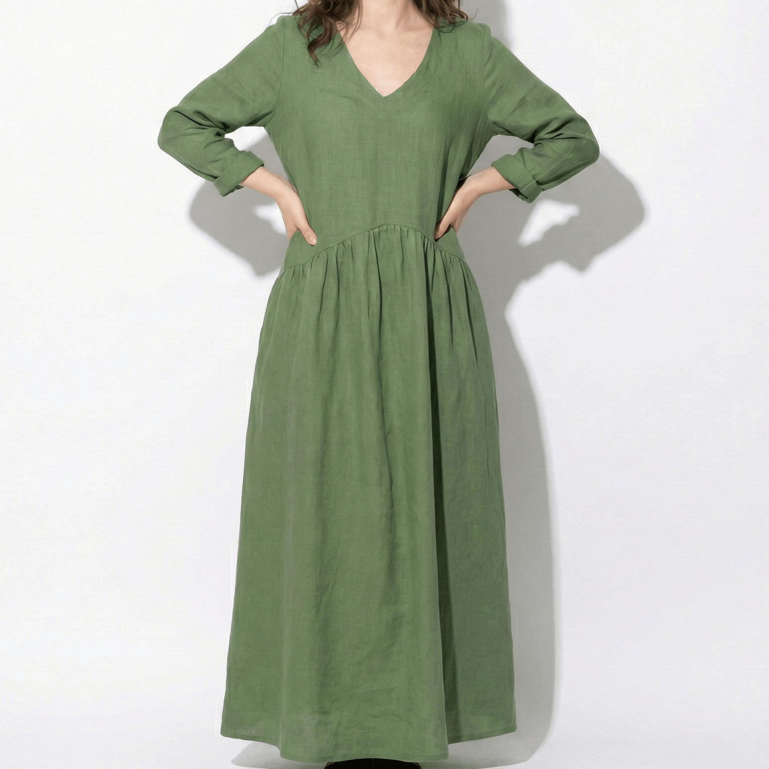 Clara - Women's Loose V - Neck Maxi Dress with Long Sleeves - Dresses - Green - Jones & Smith