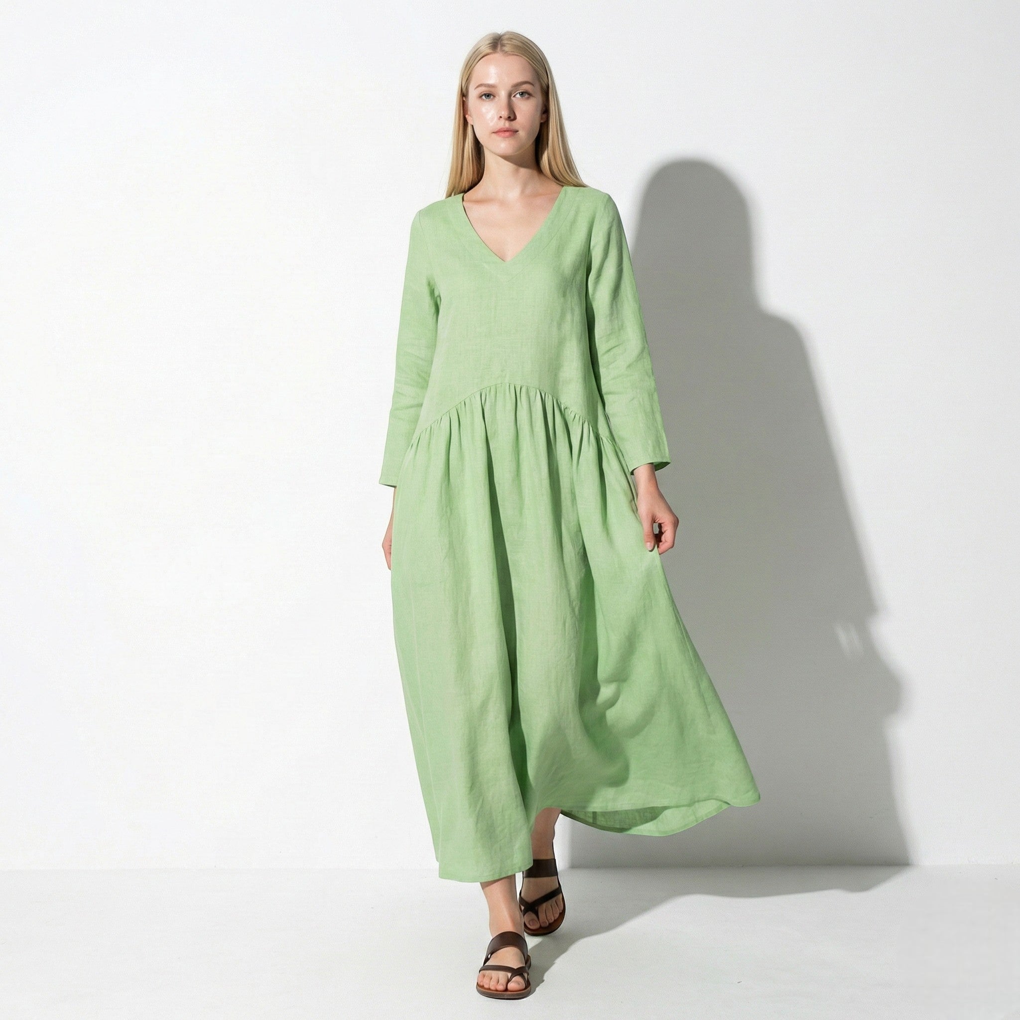 Clara - Women's Loose V - Neck Maxi Dress with Long Sleeves - Dresses - Light Green - Jones & Smith