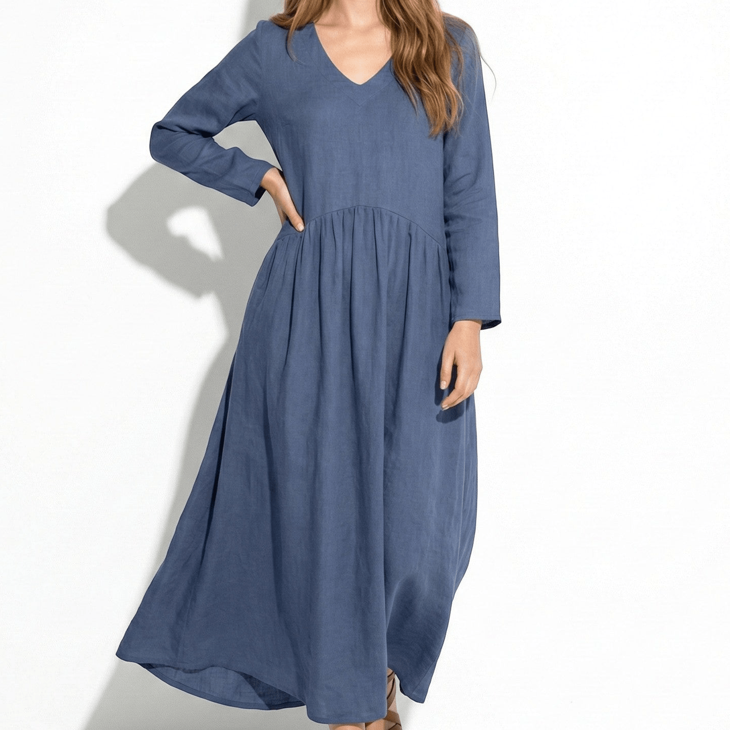 Clara - Women's Loose V - Neck Maxi Dress with Long Sleeves - Dresses - Blue - Jones & Smith