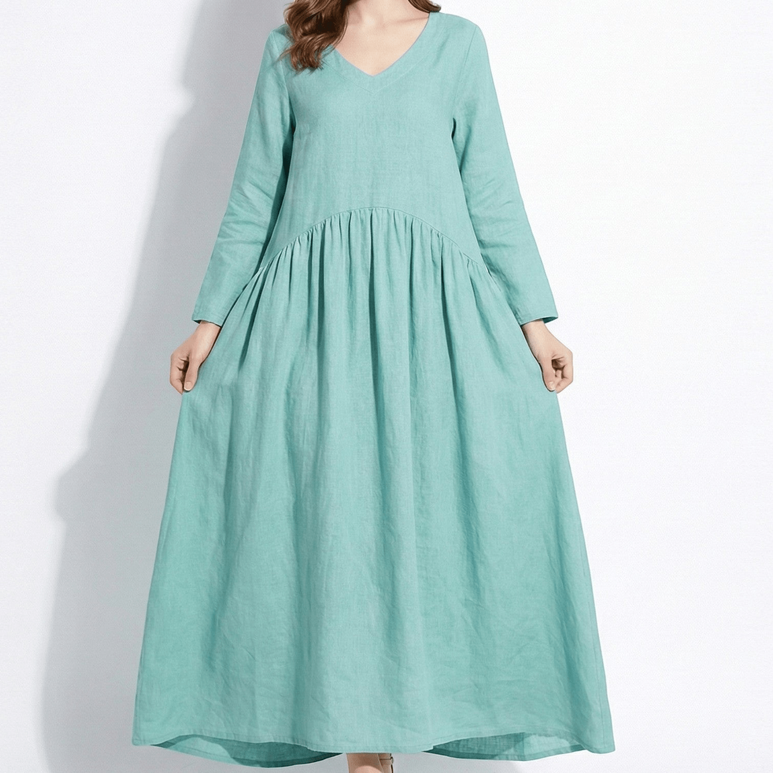 Clara - Women's Loose V - Neck Maxi Dress with Long Sleeves - Dresses - Sky Blue - Jones & Smith