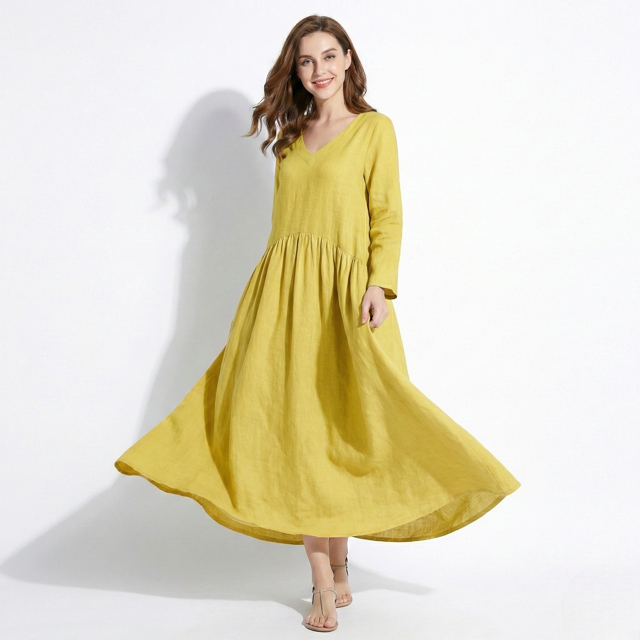 Clara - Women's Loose V - Neck Maxi Dress with Long Sleeves - Dresses - Yellow - Jones & Smith