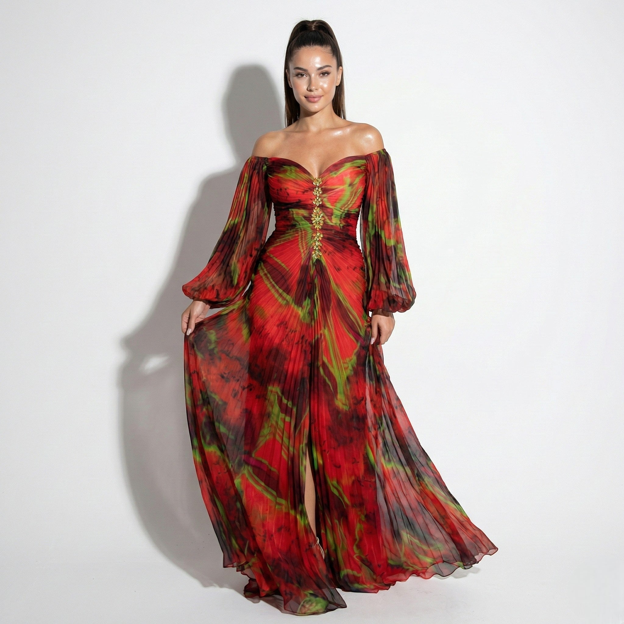 Clara - Women's Maxi Dress with Off Shoulder Pleats - Dresses - Red - Jones & Smith