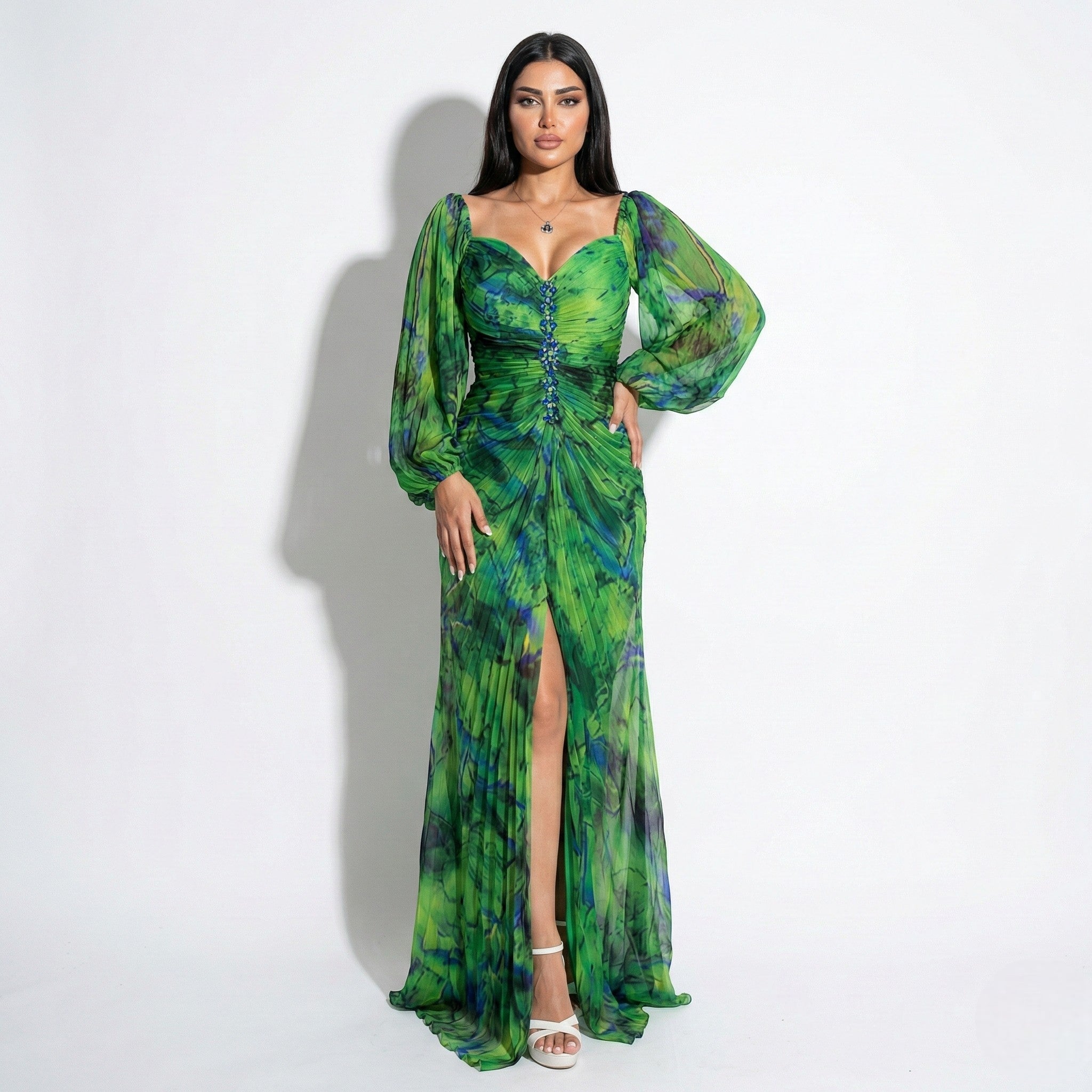 Clara - Women's Maxi Dress with Off Shoulder Pleats - Dresses - Green - Jones & Smith