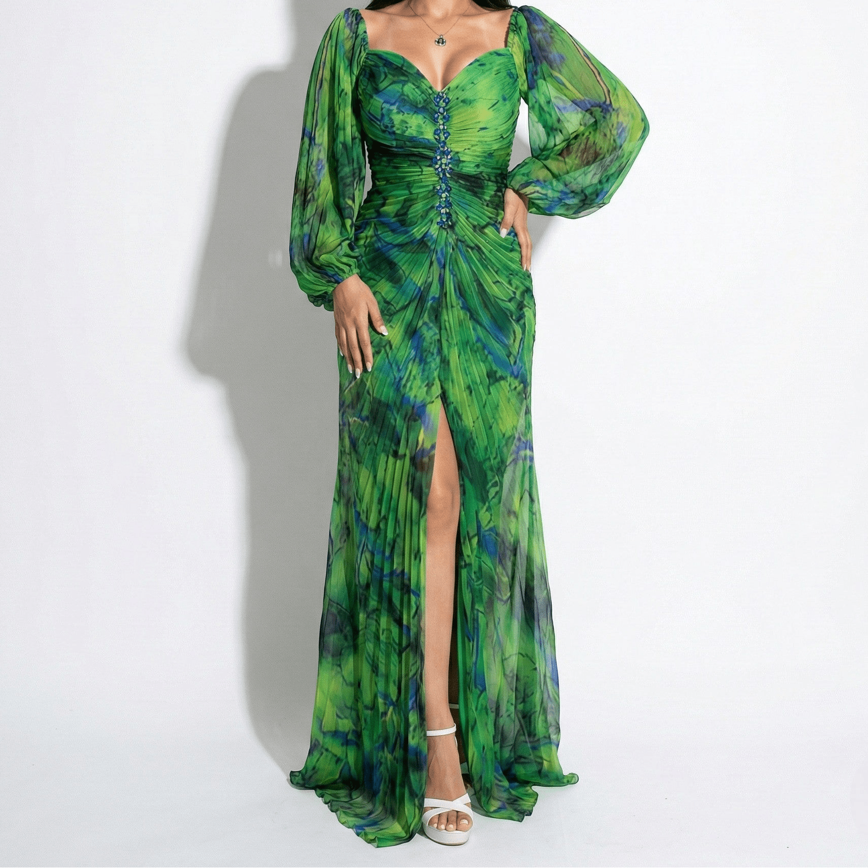 Clara - Women's Maxi Dress with Off Shoulder Pleats - Dresses - Green - Jones & Smith