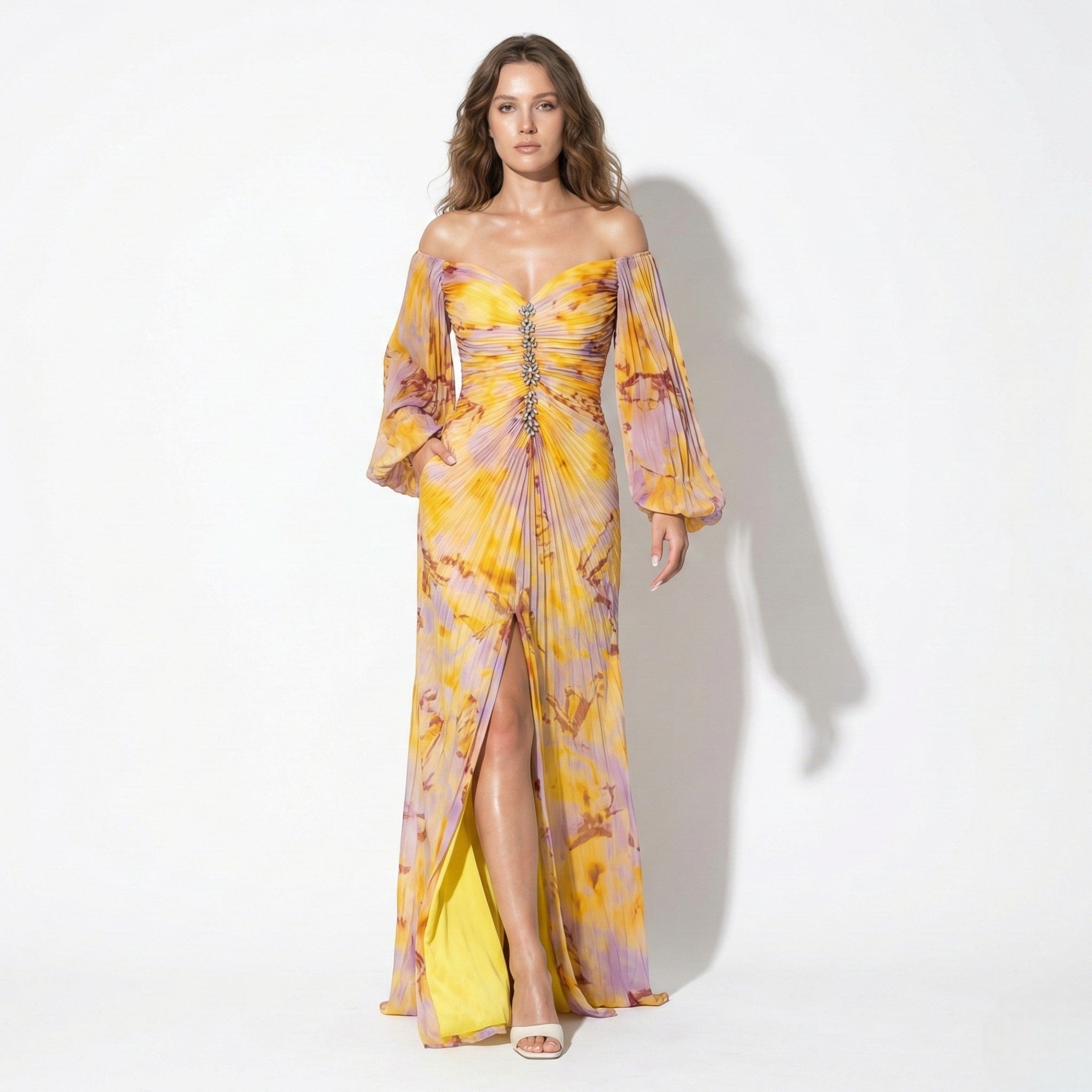 Clara - Women's Maxi Dress with Off Shoulder Pleats - Dresses - Yellow - Jones & Smith