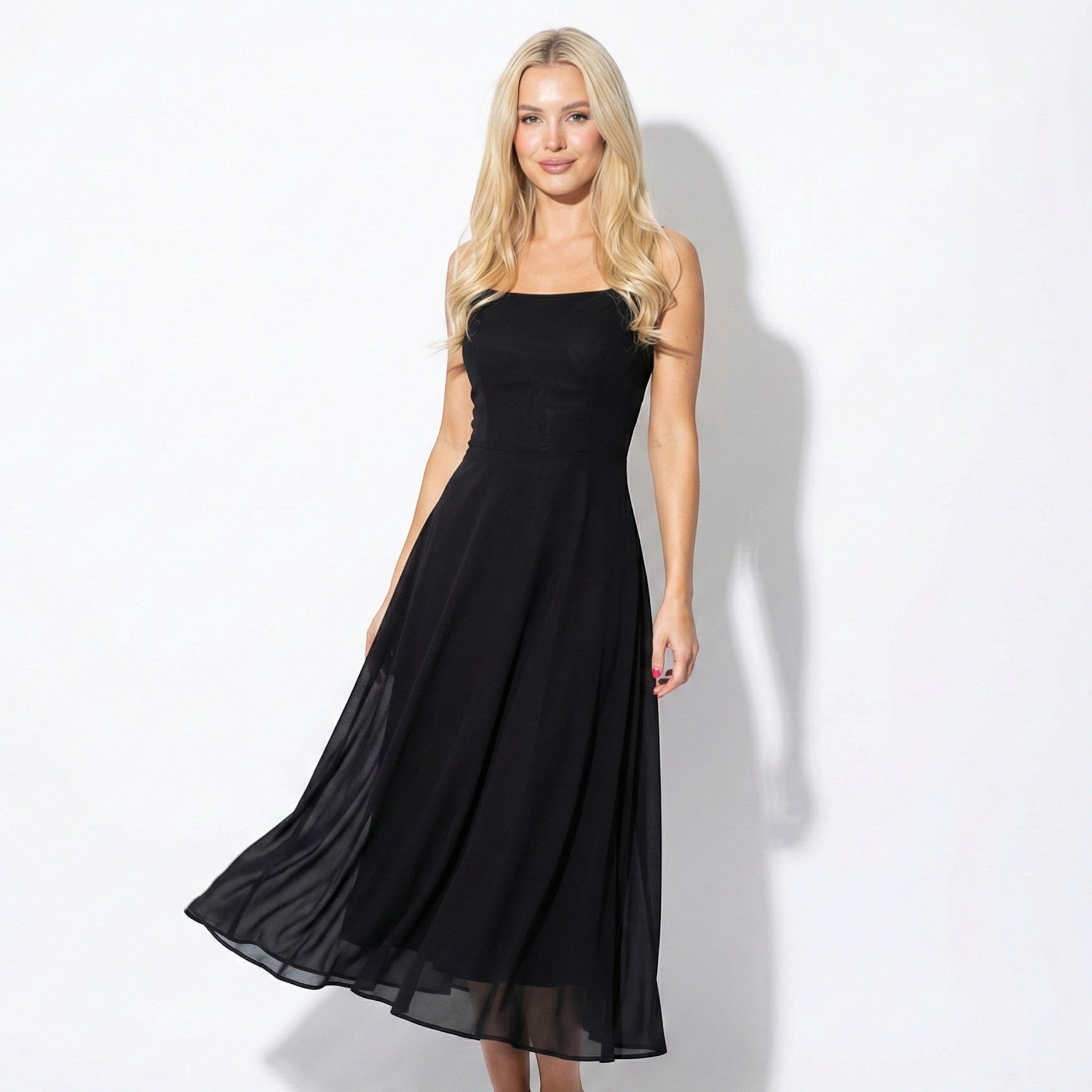 Clara - Women's Square Neck A - Line Midi Dress - Midi Dresses - Black - Jones & Smith