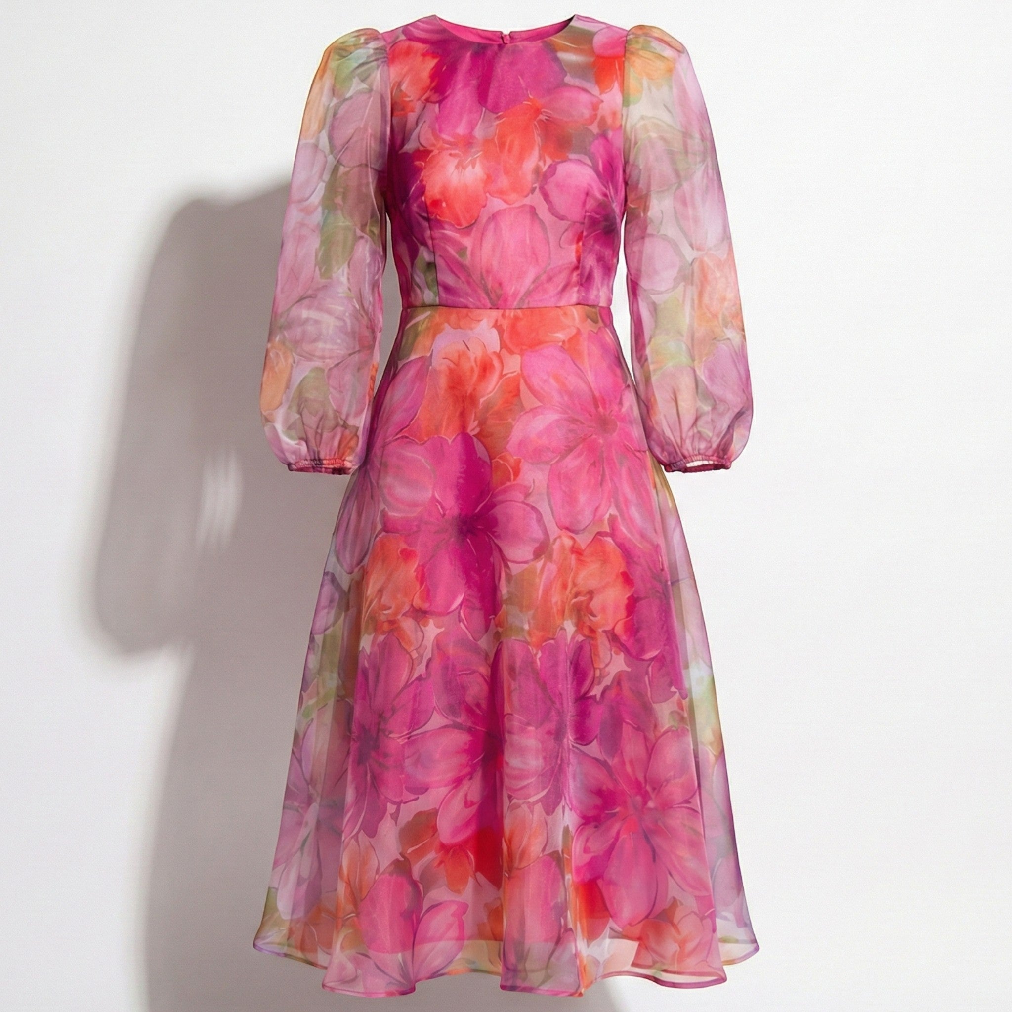 Aria - Women's Floral Print Midi Dress with Sheer Sleeves