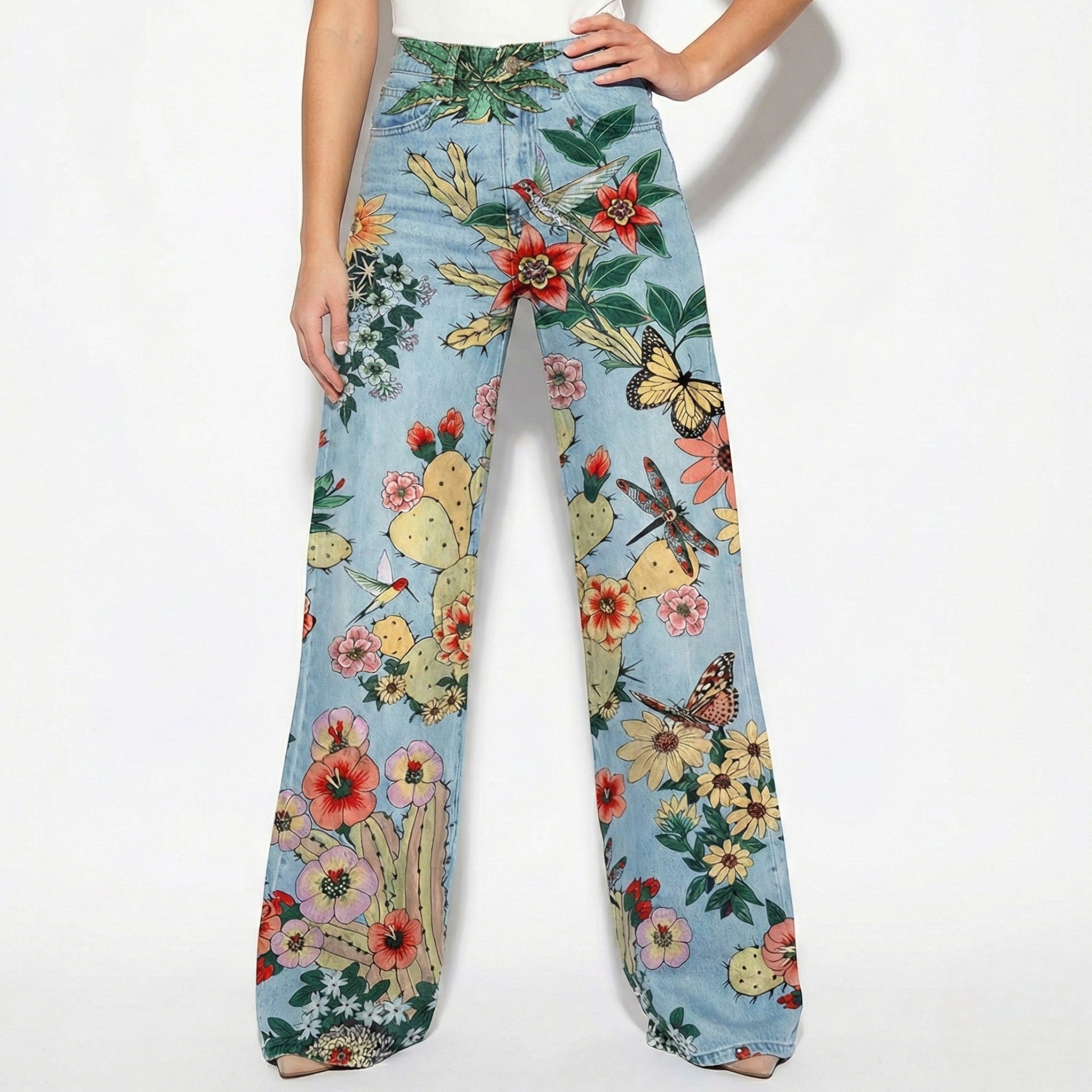 Daisy - Women's Baggy Jeans with Floral Pattern - Pants - Blue Forest - Jones & Smith