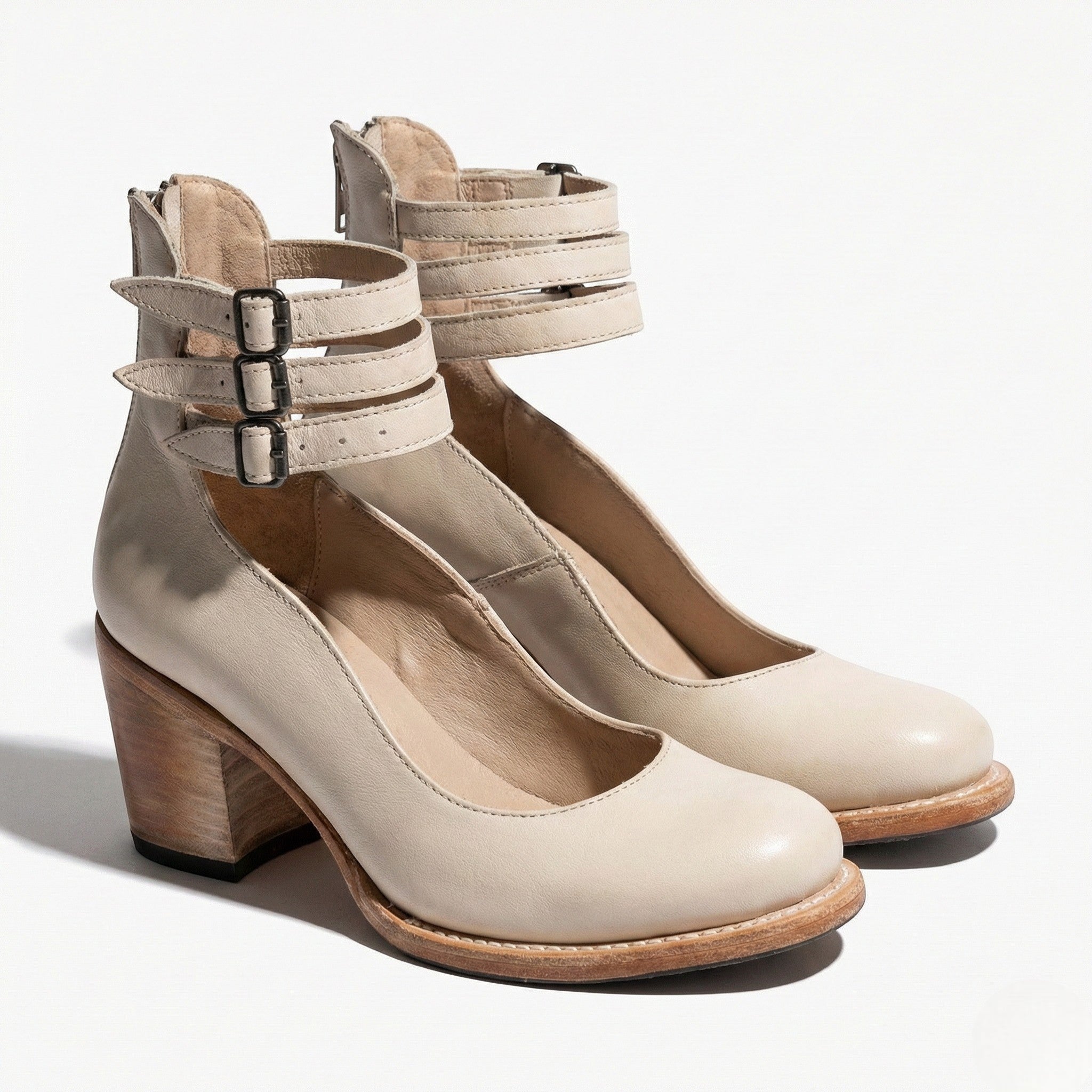 Daisy - Women's Block Heel Ankle Boots with Triple Buckle Straps - Sandals - White - Jones & Smith