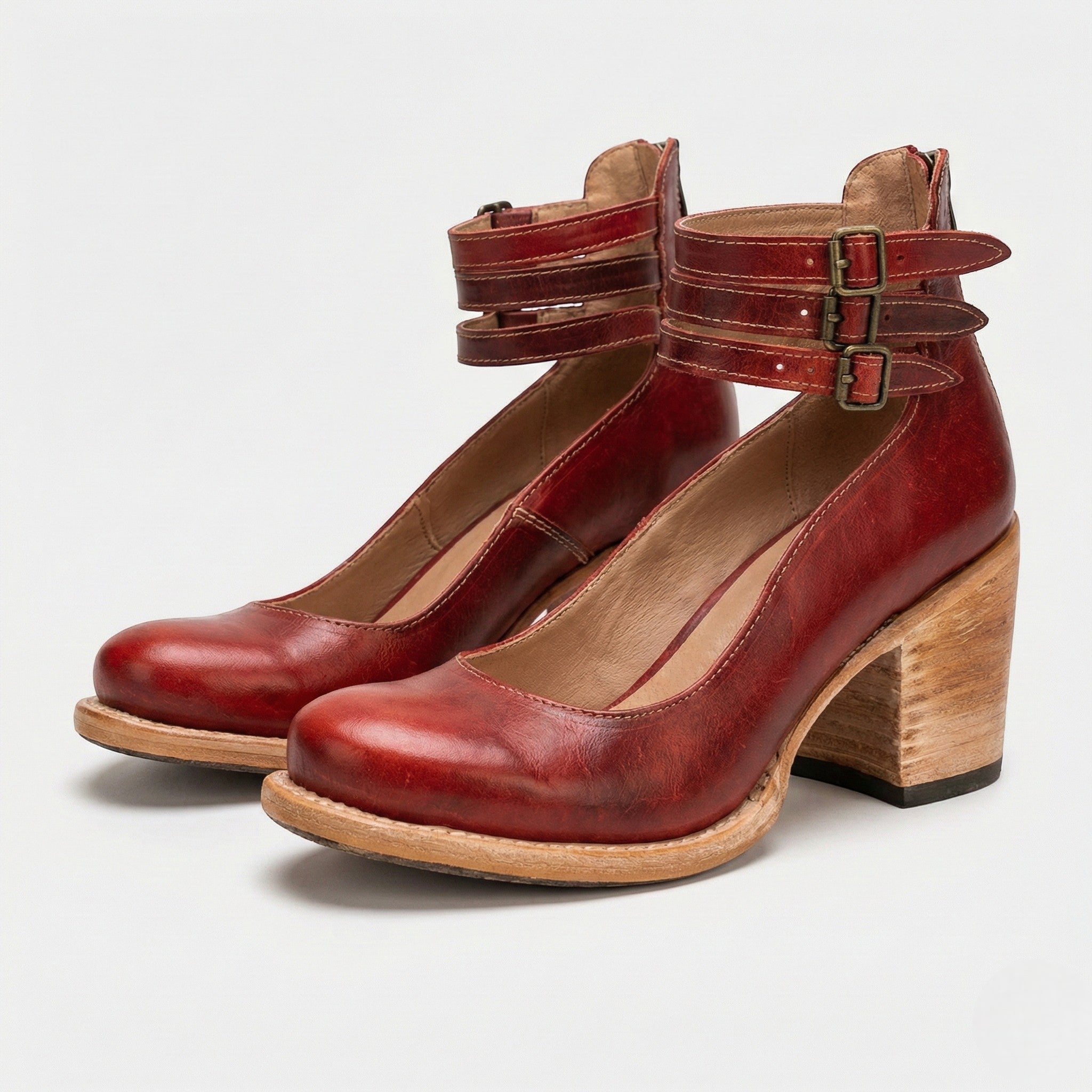 Daisy - Women's Block Heel Ankle Boots with Triple Buckle Straps - Sandals - Red - Jones & Smith