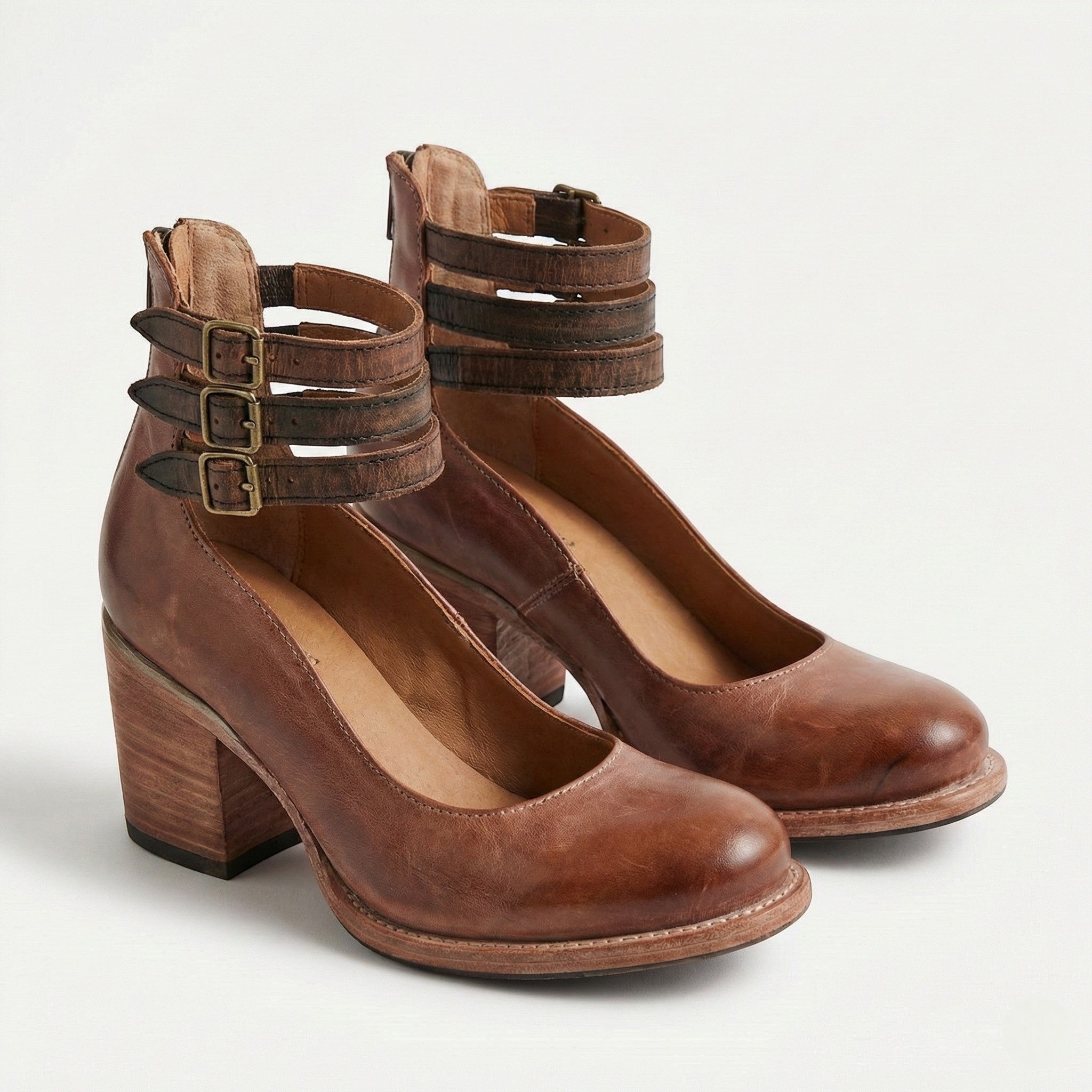 Daisy - Women's Block Heel Ankle Boots with Triple Buckle Straps - Sandals - Dark Brown - Jones & Smith