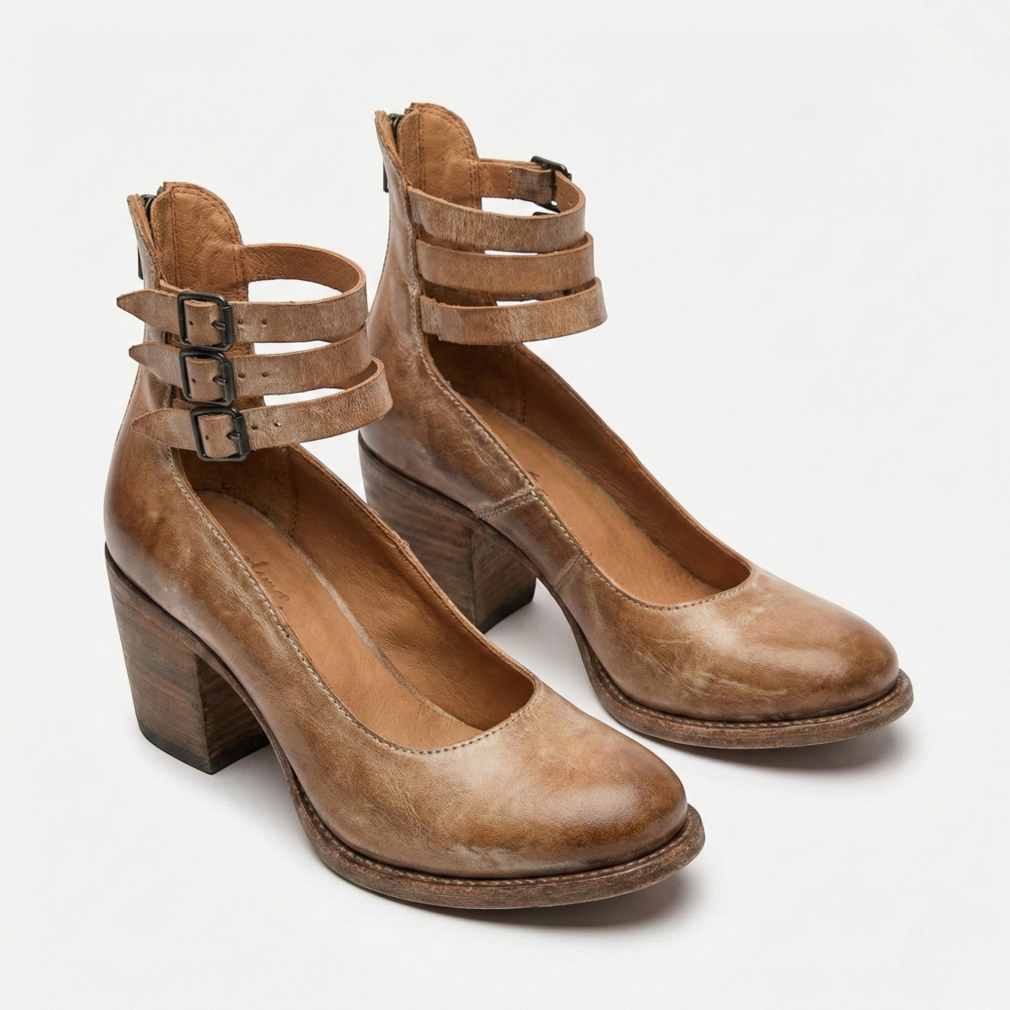 Daisy - Women's Block Heel Ankle Boots with Triple Buckle Straps - Sandals - Brown - Jones & Smith