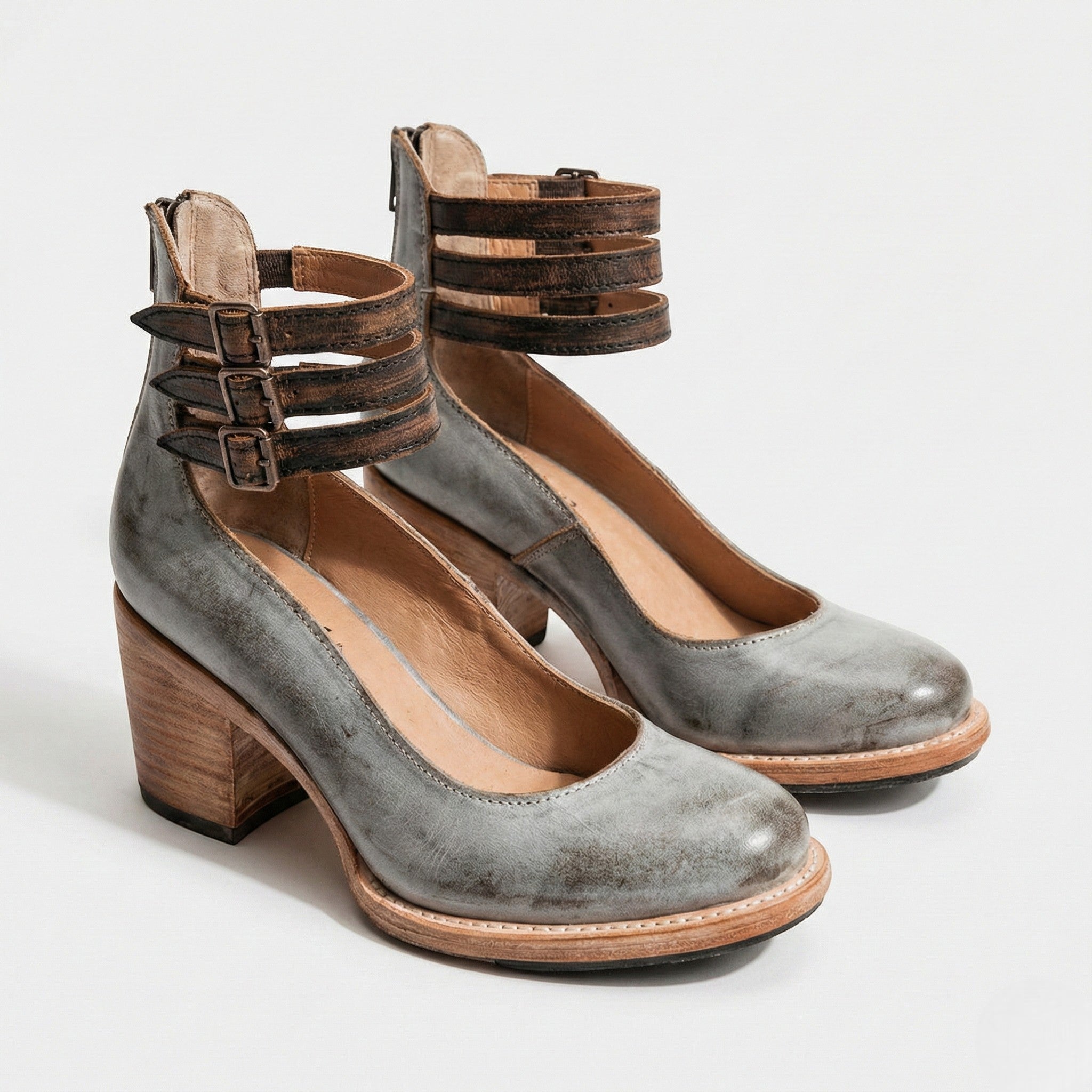 Daisy - Women's Block Heel Ankle Boots with Triple Buckle Straps - Sandals - Grey - Jones & Smith