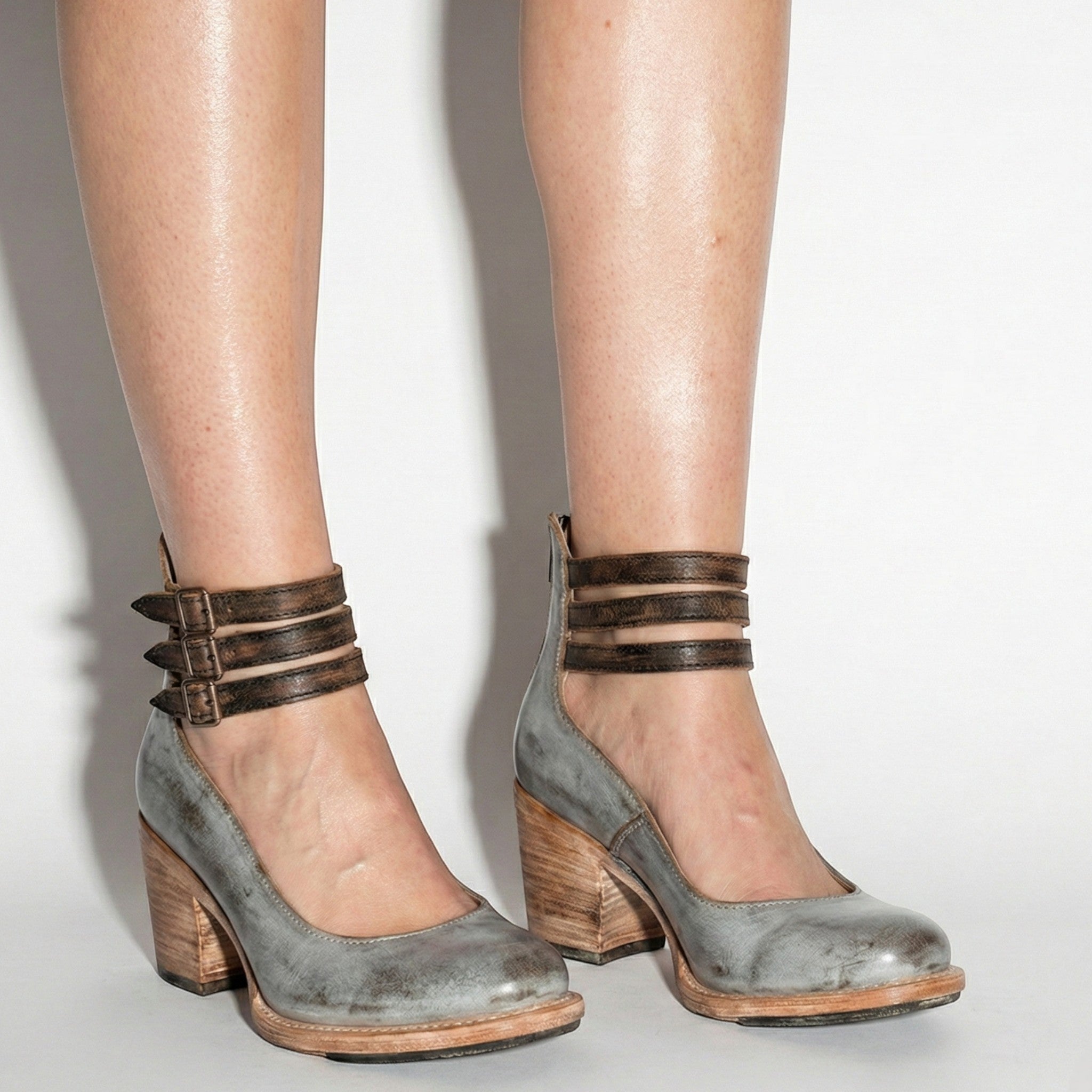 Daisy - Women's Block Heel Ankle Boots with Triple Buckle Straps - Sandals - Grey - Jones & Smith