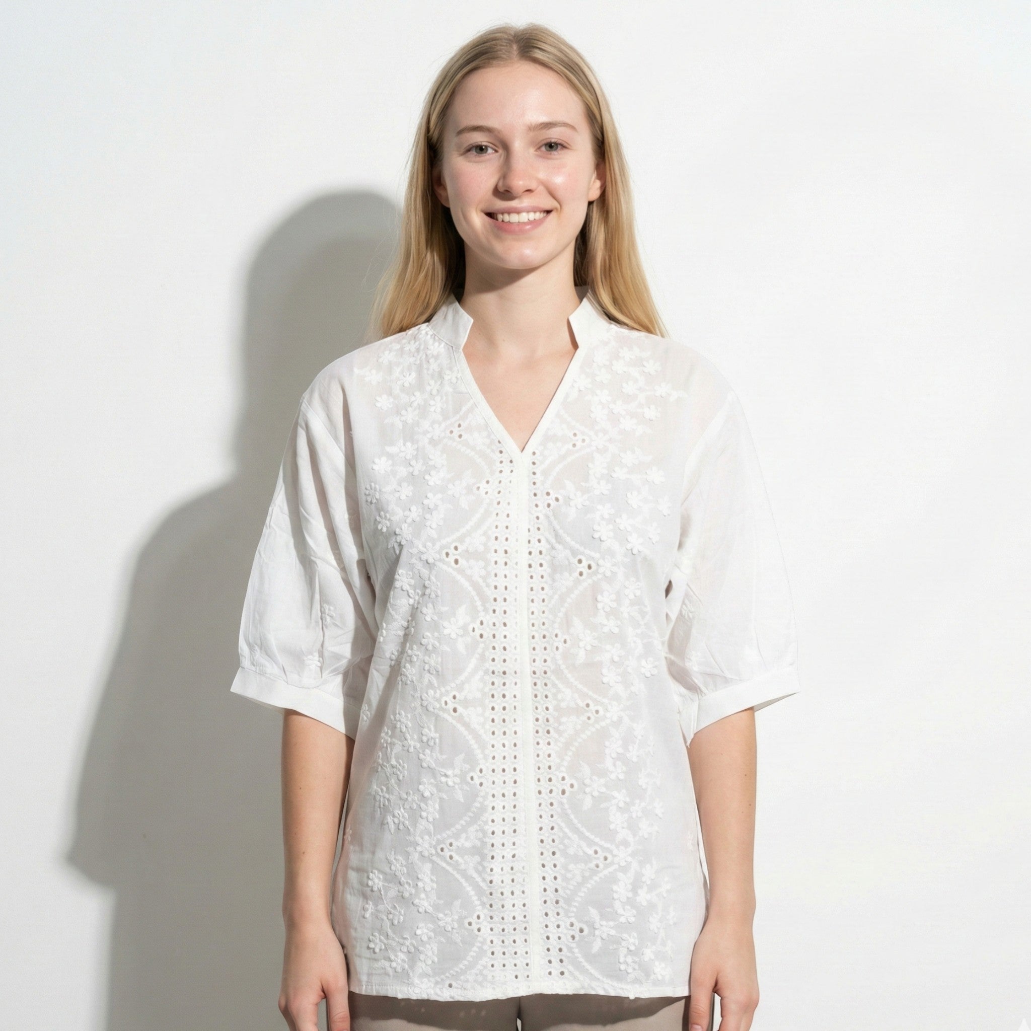 Daisy - Women's Embroidered Puff Sleeve Blouse with V - Neck - Casual Top - White - Jones & Smith