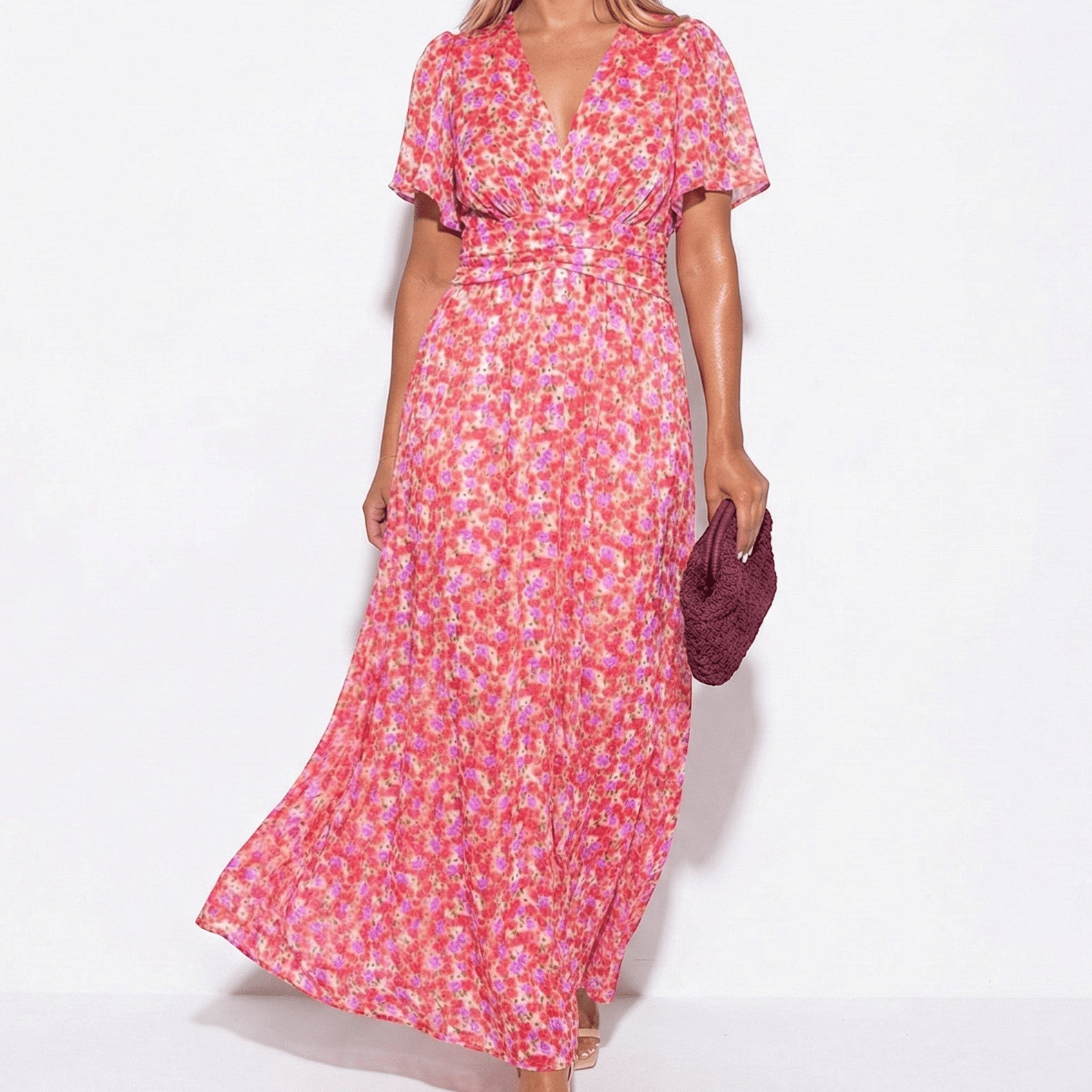 Daisy - Women's Floral Maxi Dress with V - Neck and Flutter Sleeves - Dress - Pink - Jones & Smith