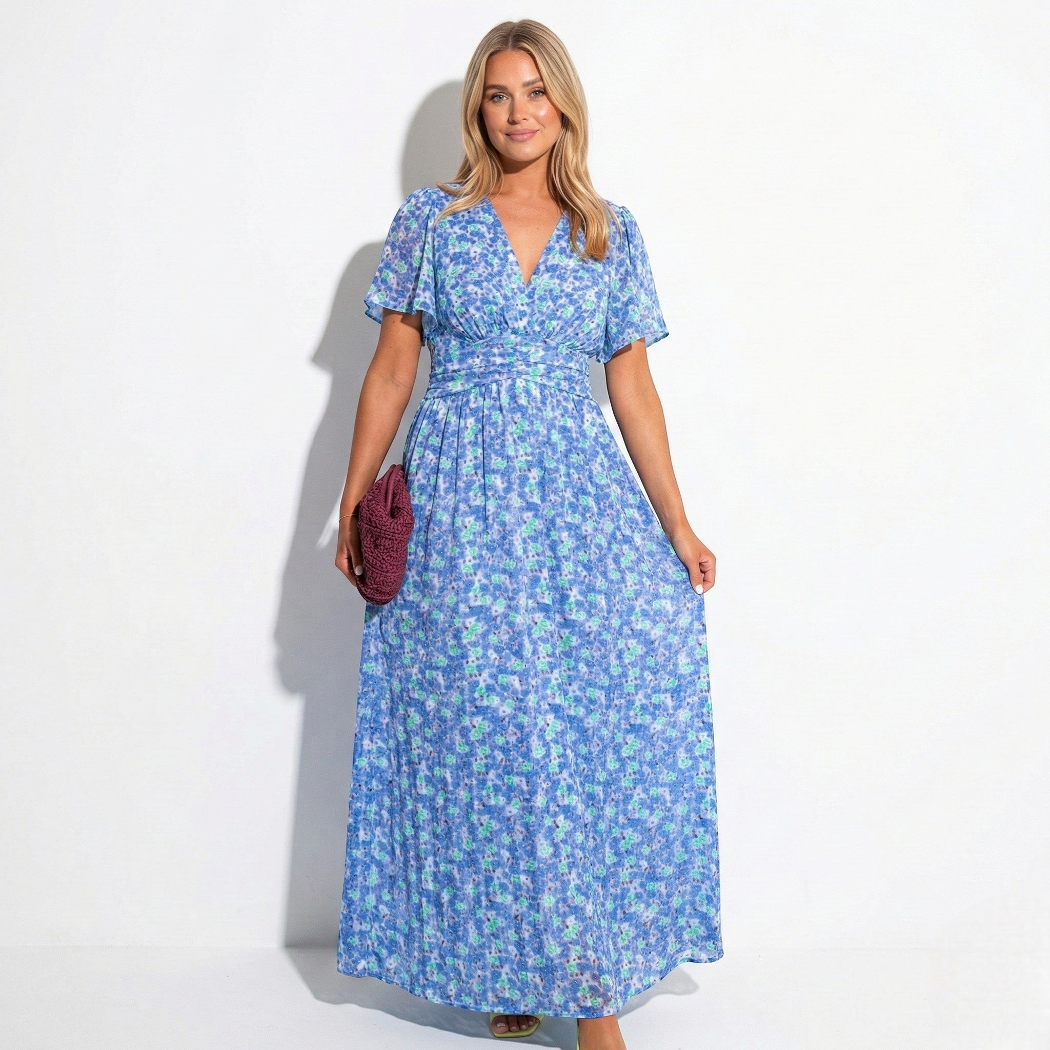 Daisy - Women's Floral Maxi Dress with V - Neck and Flutter Sleeves - Dress - Blue - Jones & Smith