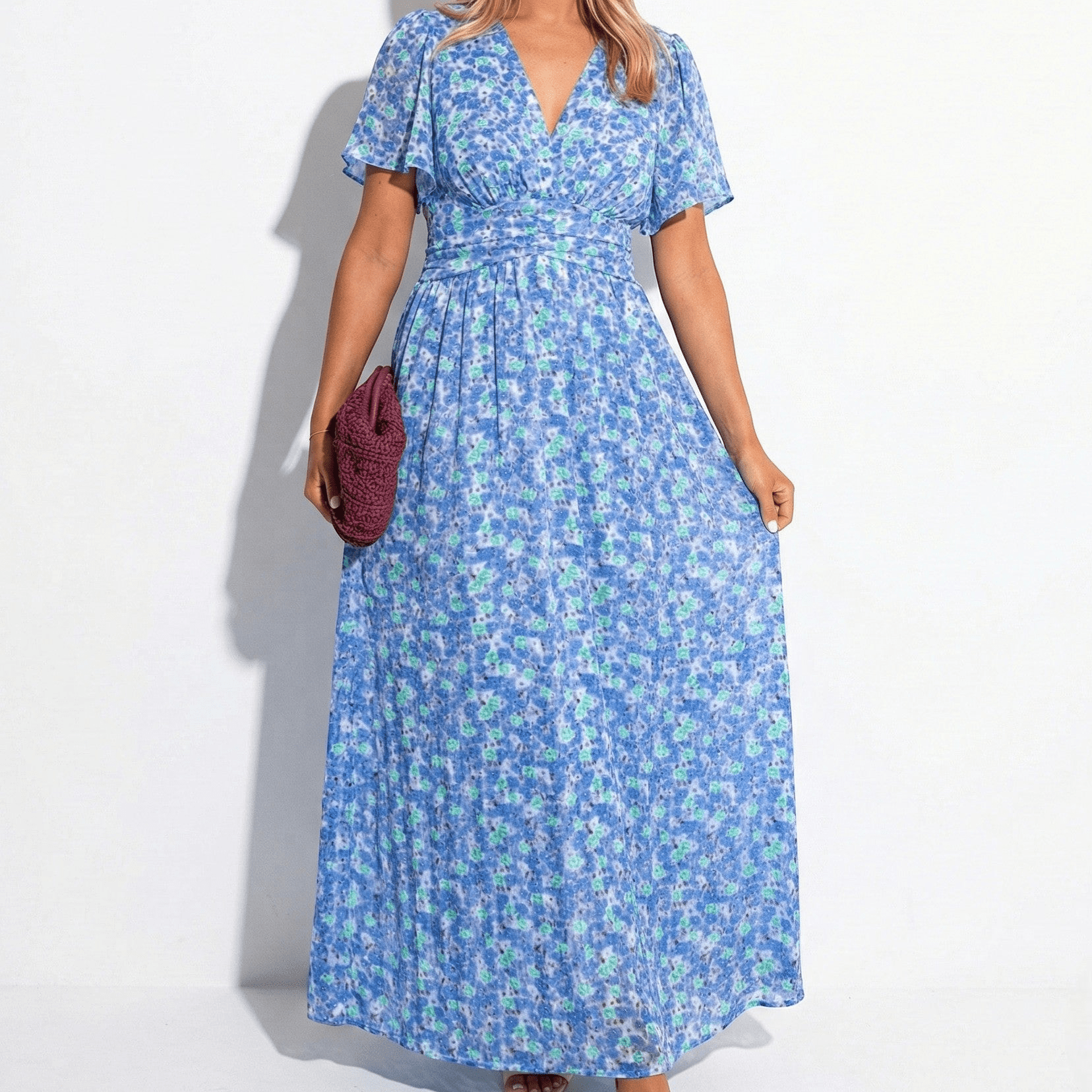Daisy - Women's Floral Maxi Dress with V - Neck and Flutter Sleeves - Dress - Blue - Jones & Smith
