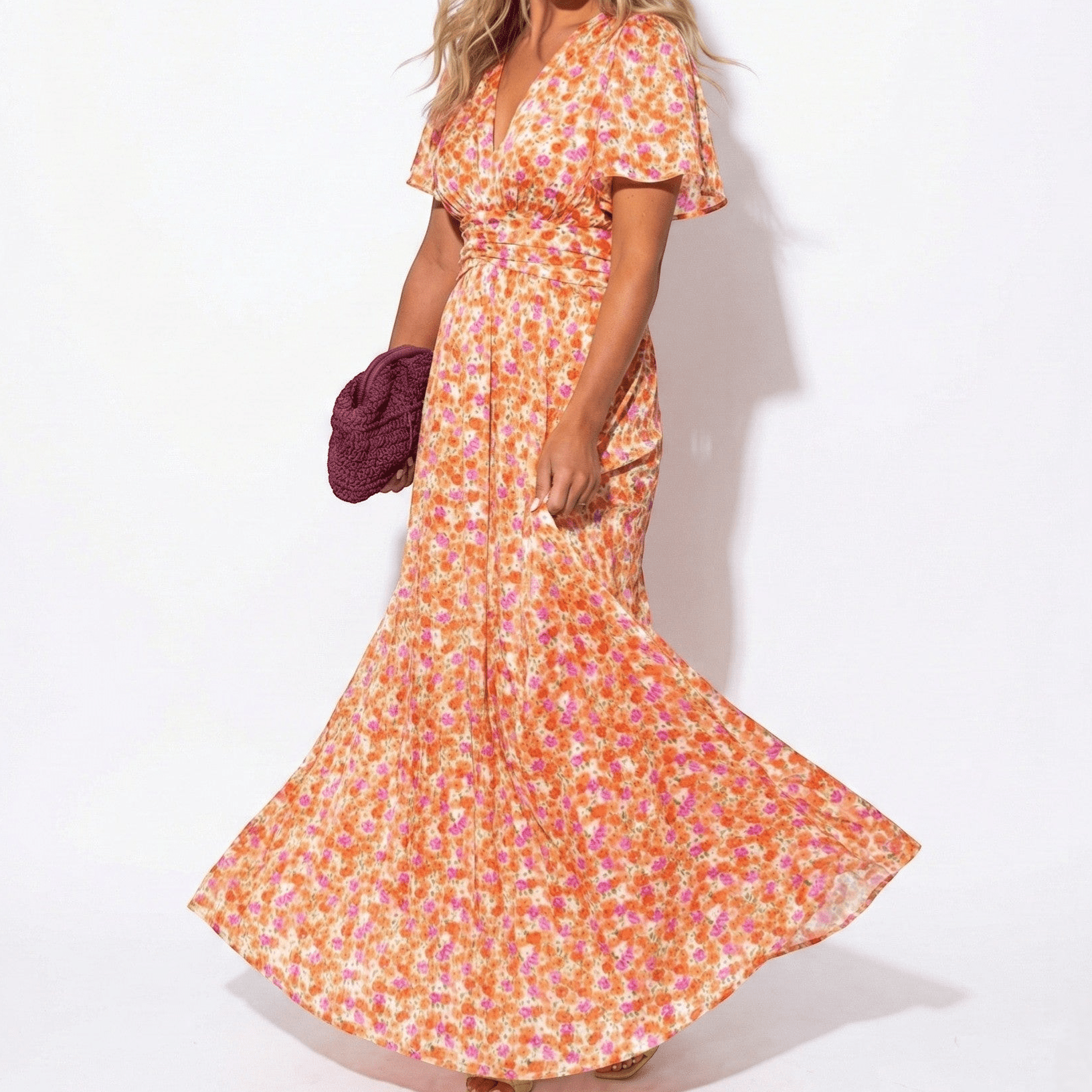 Daisy - Women's Floral Maxi Dress with V - Neck and Flutter Sleeves - Dress - Orange - Jones & Smith