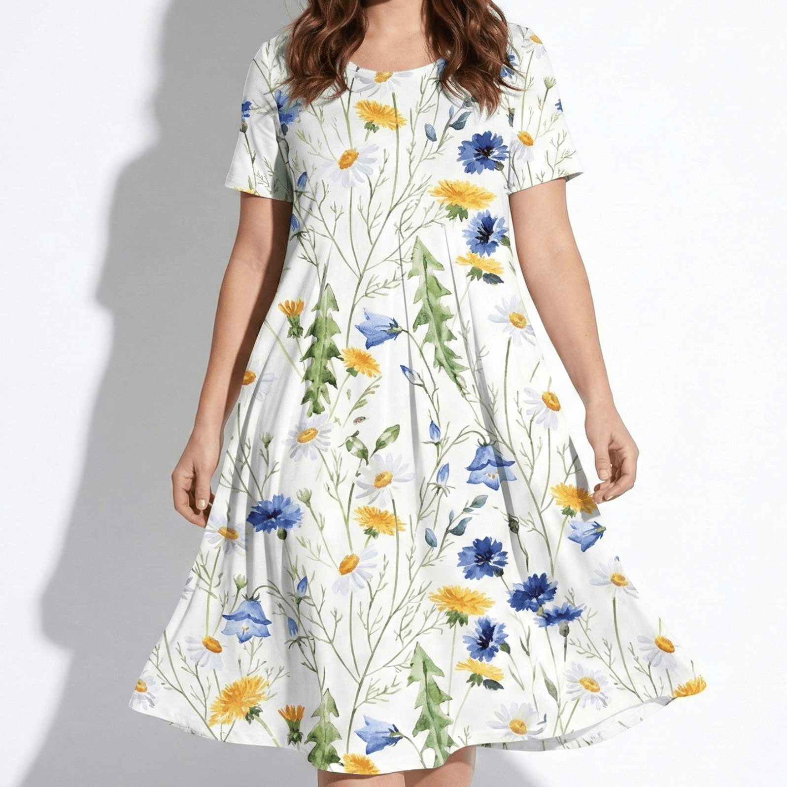Daisy - Women's Floral Midi Dress with Short Sleeves - Dress - White - Yellow - Jones & Smith