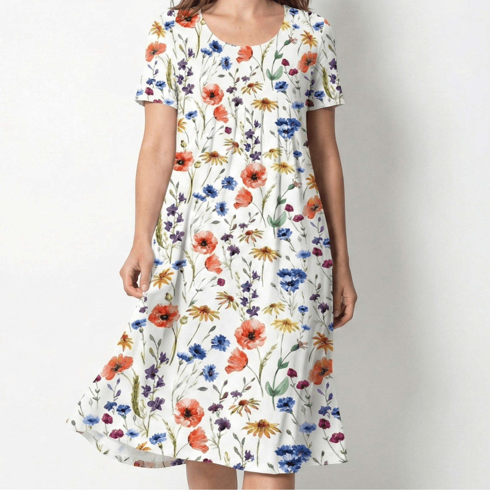 Daisy - Women's Floral Midi Dress with Short Sleeves - Dress - White - Red - Jones & Smith