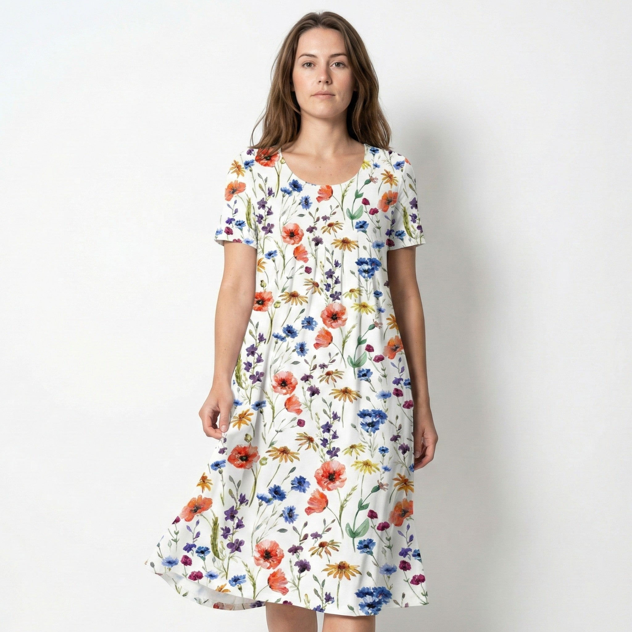 Daisy - Women's Floral Midi Dress with Short Sleeves - Dress - White - Red - Jones & Smith