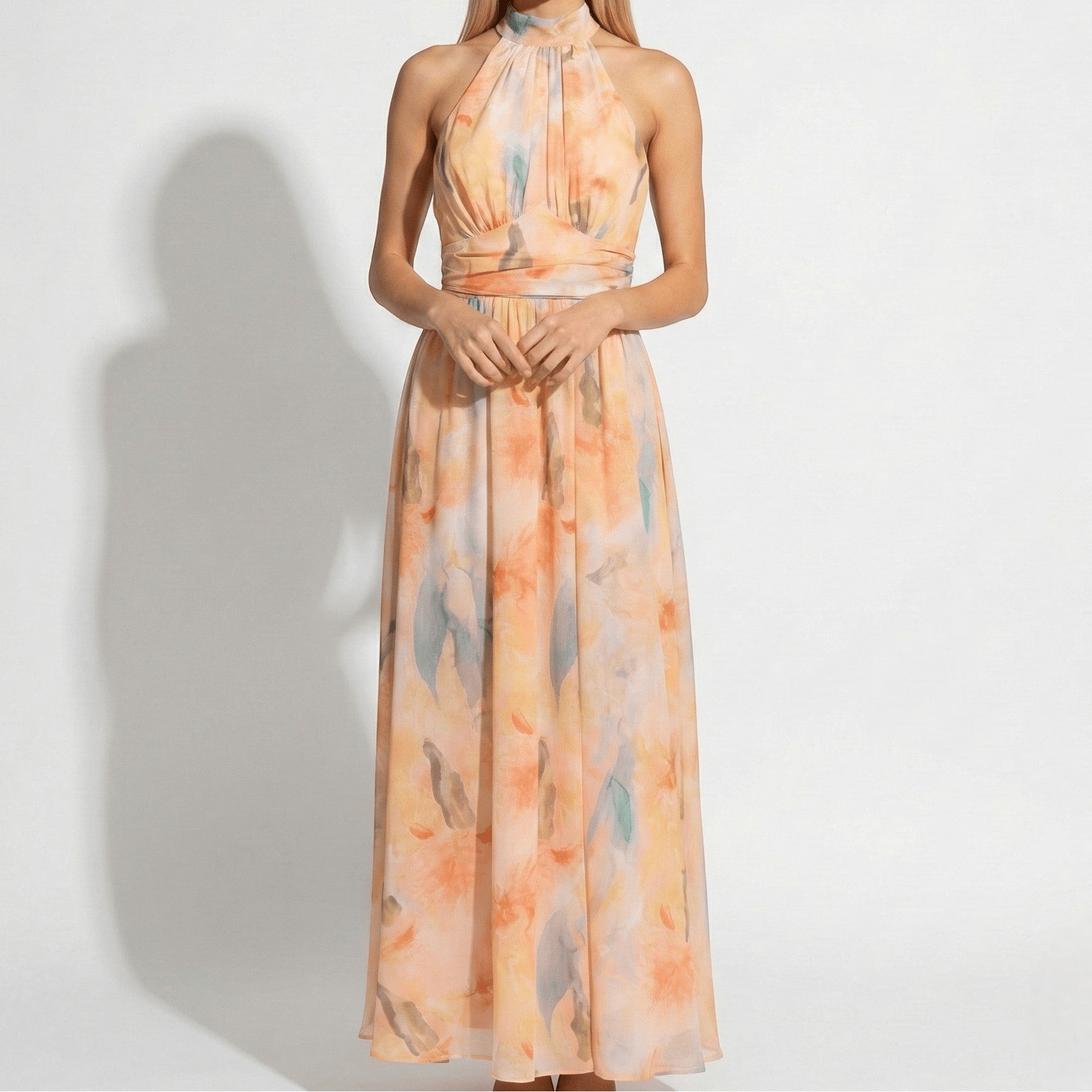 Daisy - Women's Watercolor Halter Neck Maxi Dress with Cinched Waist - Dresses - Multicolour - Jones & Smith