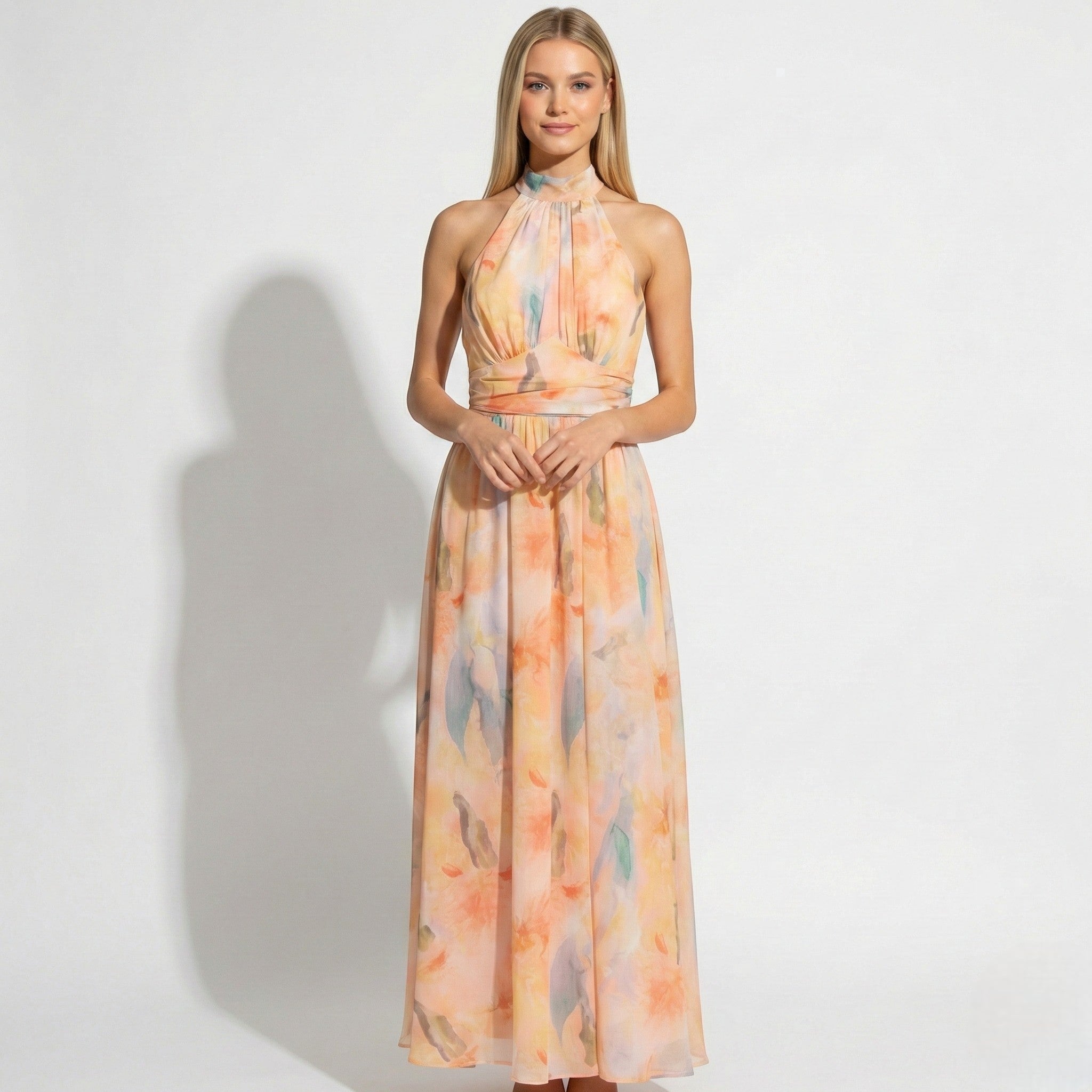 Daisy - Women's Watercolor Halter Neck Maxi Dress with Cinched Waist - Dresses - Multicolour - Jones & Smith