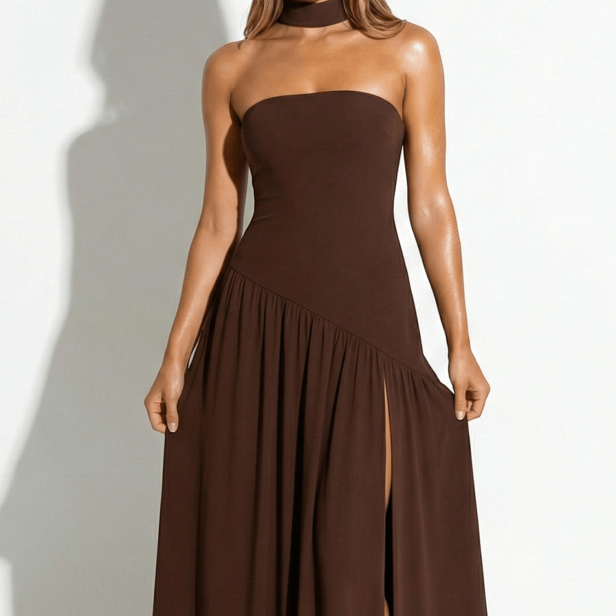 Deborah - Women's Strapless Maxi Dress with High Slit and Choker - Dresses - Brown - Jones & Smith