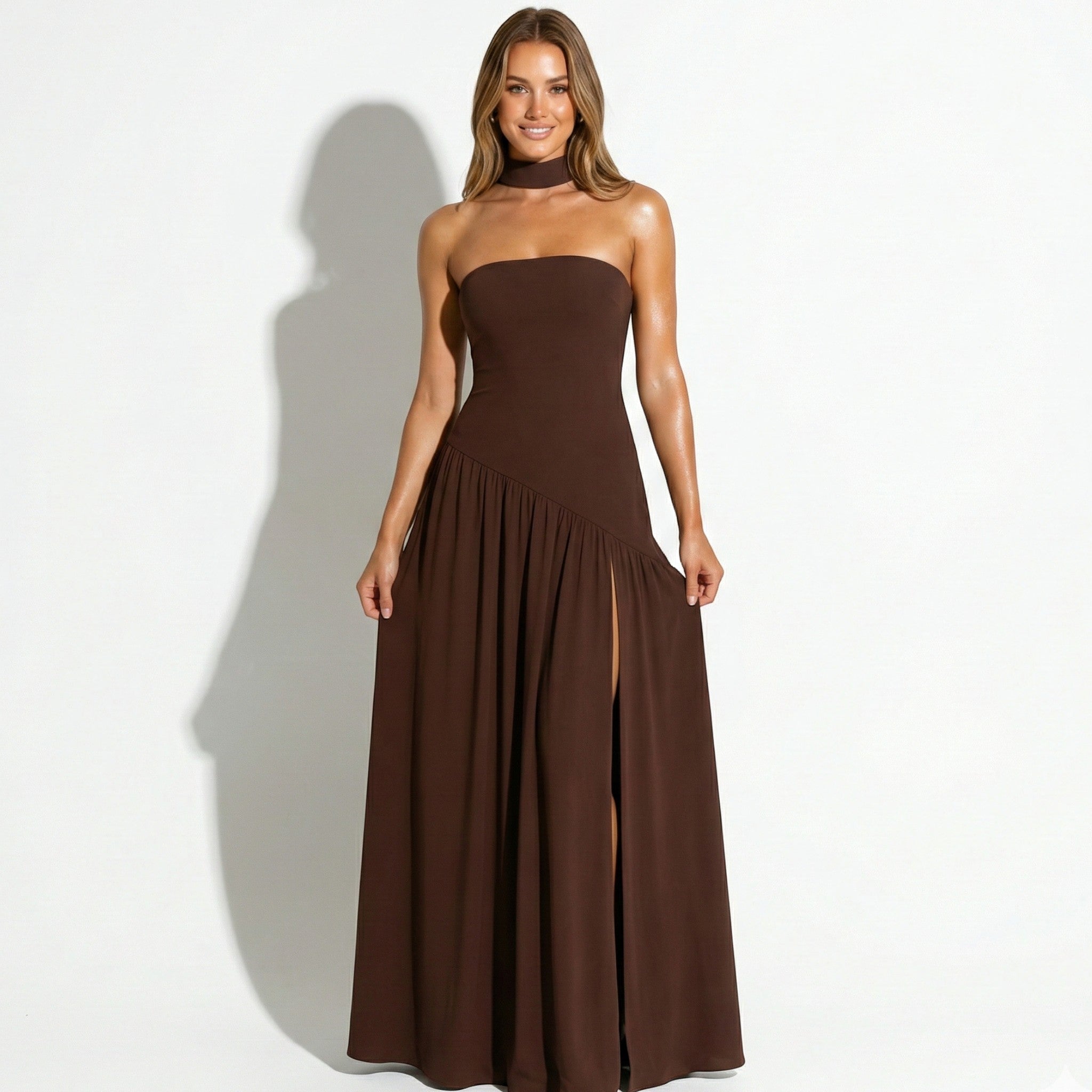 Deborah - Women's Strapless Maxi Dress with High Slit and Choker - Dresses - Brown - Jones & Smith