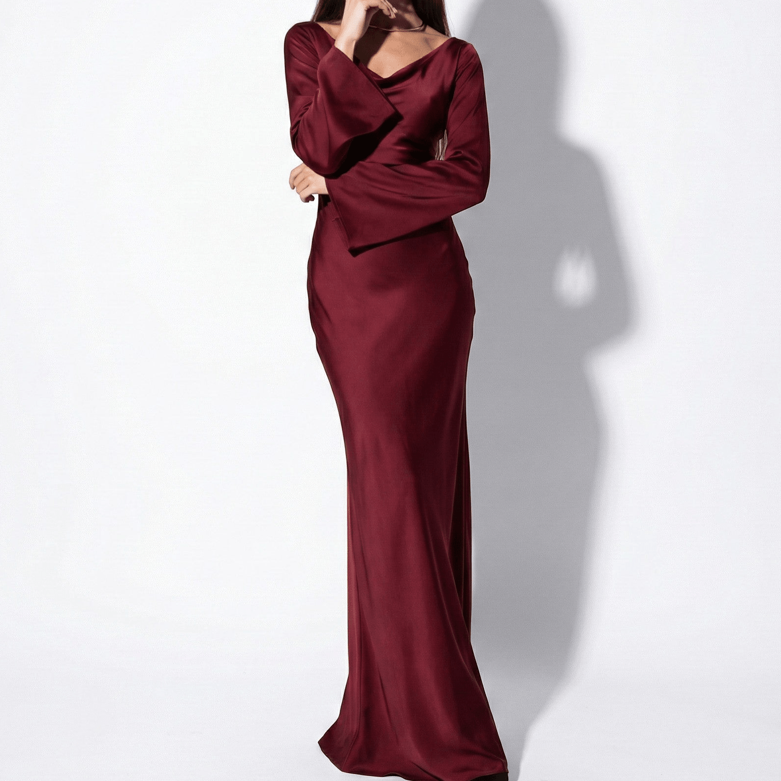 Dorothy - Women's Long Sleeve Maxi Dress with Flaring Skirt - Dress - Burgundy - Jones & Smith