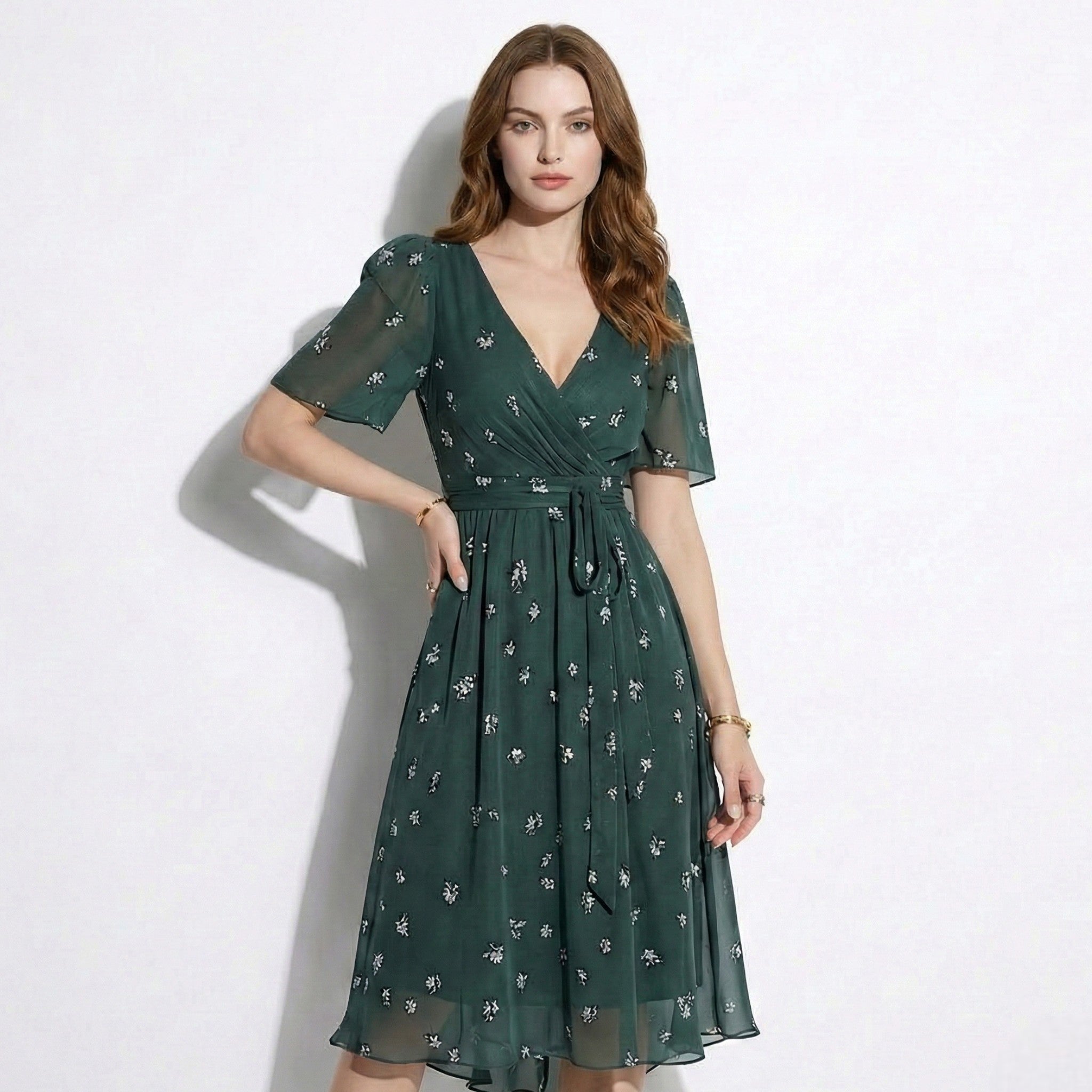 Eleanor - Women's Floral V - Neck Midi Dress with Flutter Sleeves - Women Dress - Green - Jones & Smith