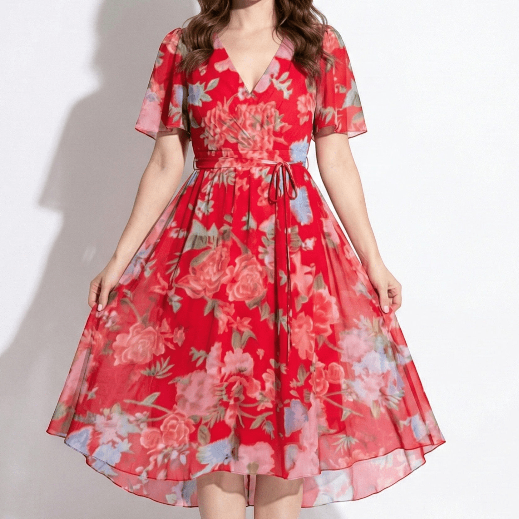 Eleanor - Women's Floral V - Neck Midi Dress with Flutter Sleeves - Women Dress - Pink - Jones & Smith