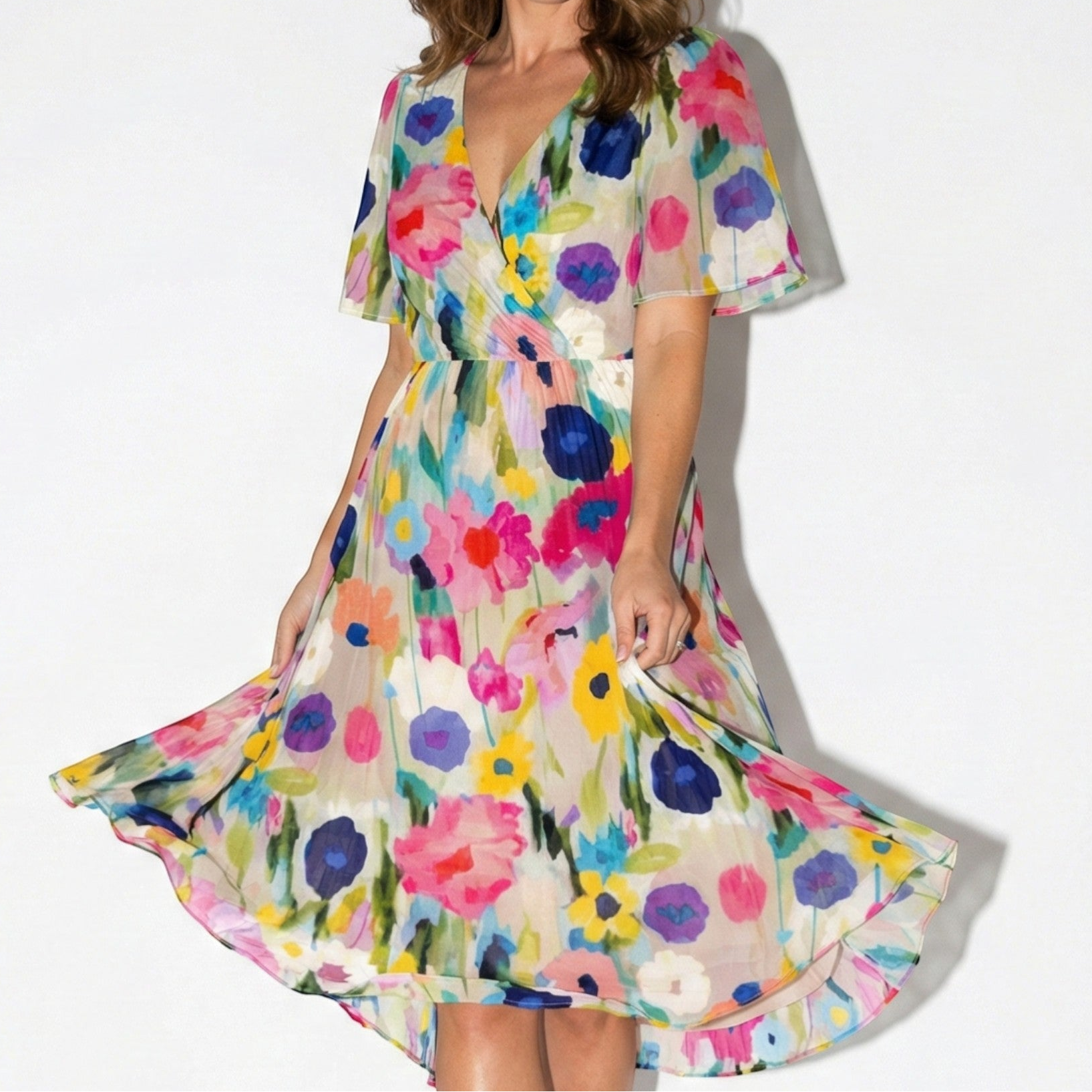 Eleanor - Women's Floral V - Neck Midi Dress with Flutter Sleeves - Women Dress - Multicoloured - Jones & Smith