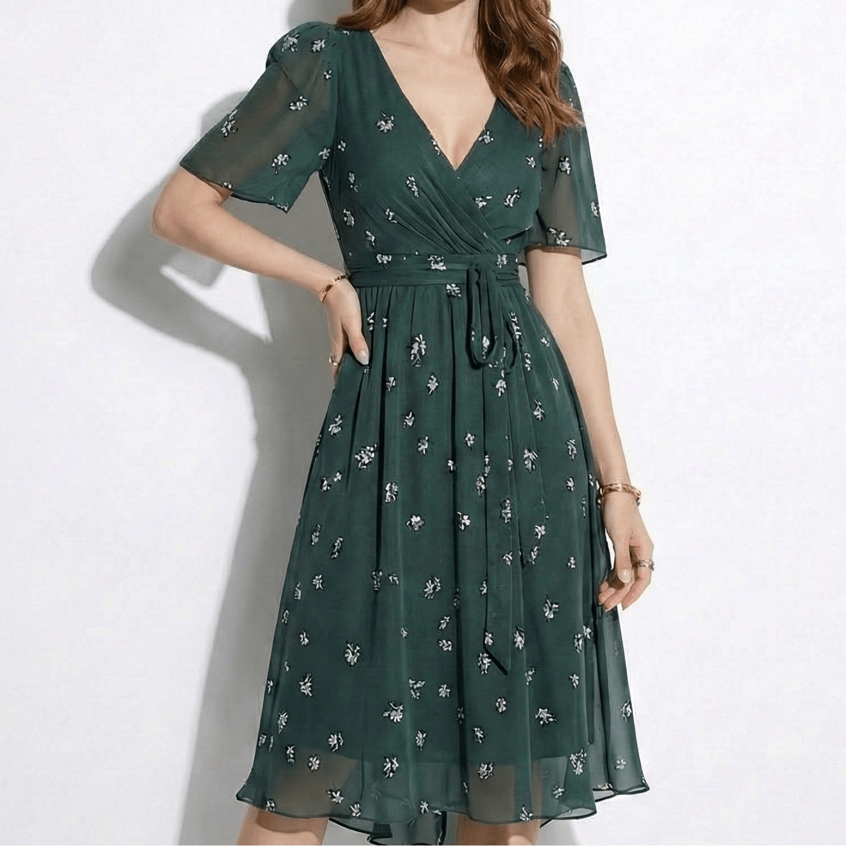 Eleanor - Women's Floral V - Neck Midi Dress with Flutter Sleeves - Women Dress - Green - Jones & Smith