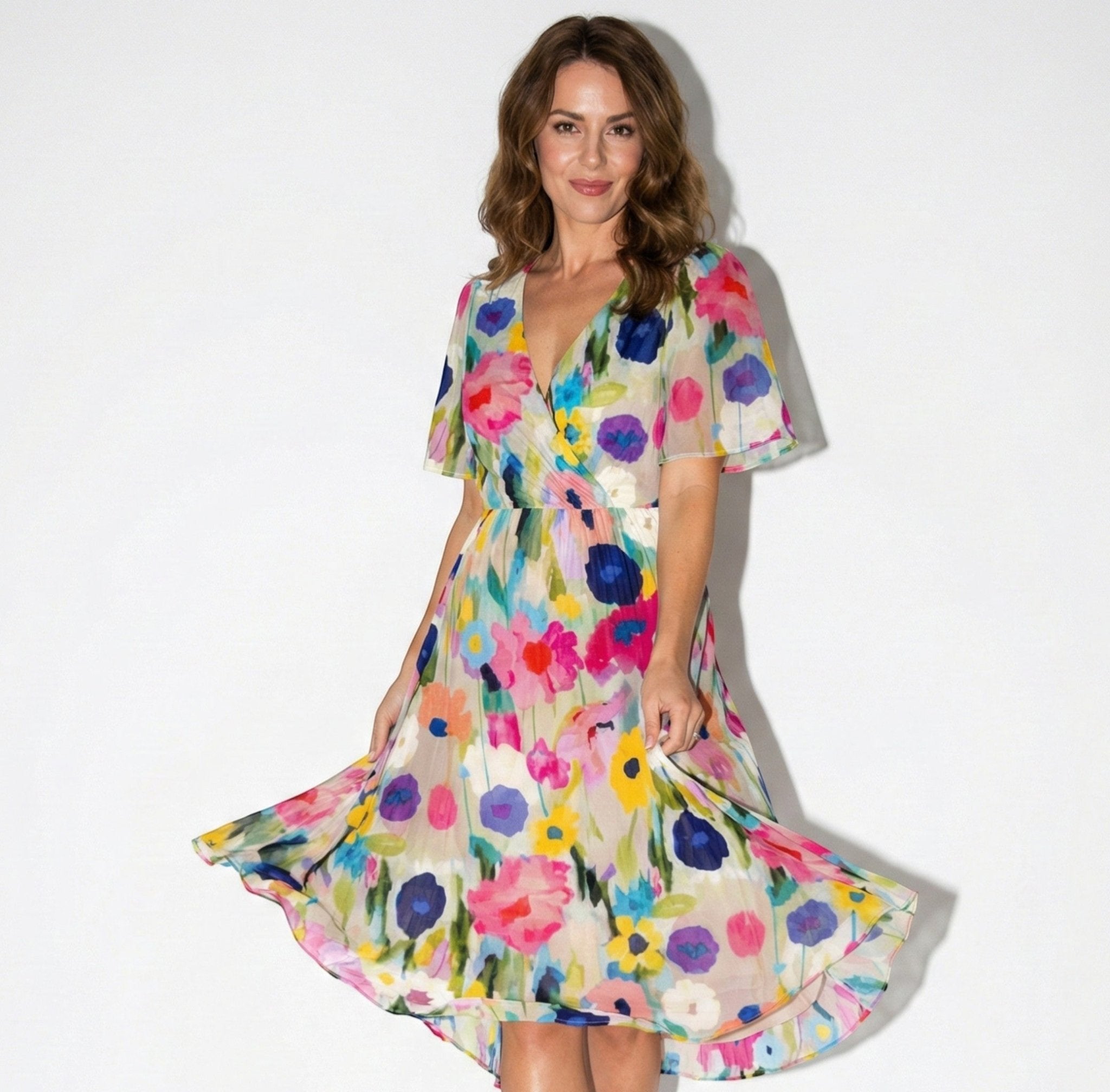 Eleanor - Women's Floral V - Neck Midi Dress with Flutter Sleeves - Women Dress - Multicoloured - Jones & Smith