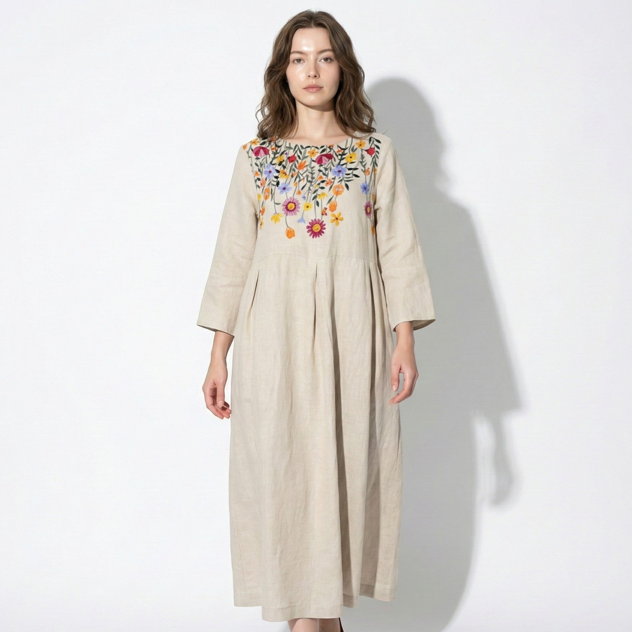 Eleanor - Women’s Long Sleeve Maxi Dress with Printed Detail - Spring Dresses - Apricot - Flower - Jones & Smith
